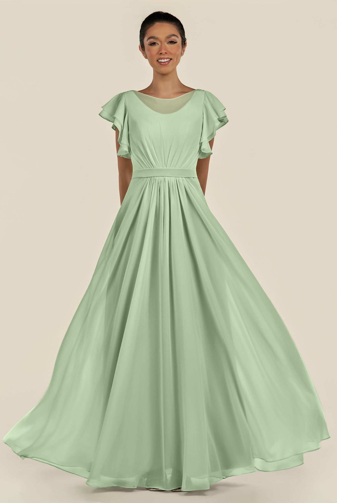 KissDress-Inea Sage A Line Chiffon Illusion Scoop Neck Long Bridesmaid Dress with Flutter Sleeves