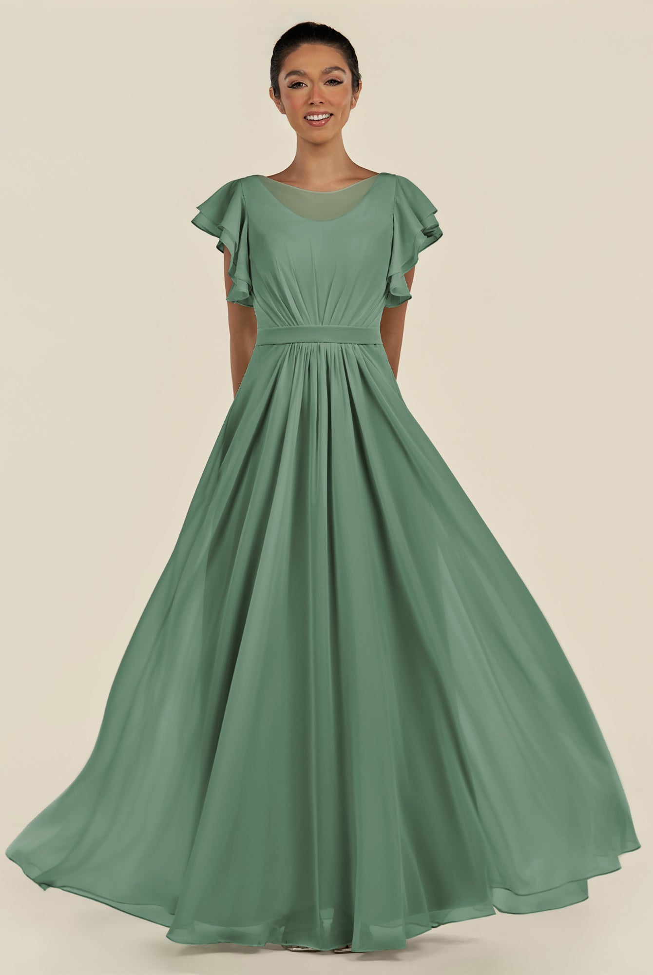 KissDress-Inea Sea Glass A Line Chiffon Illusion Scoop Neck Long Bridesmaid Dress with Flutter Sleeves