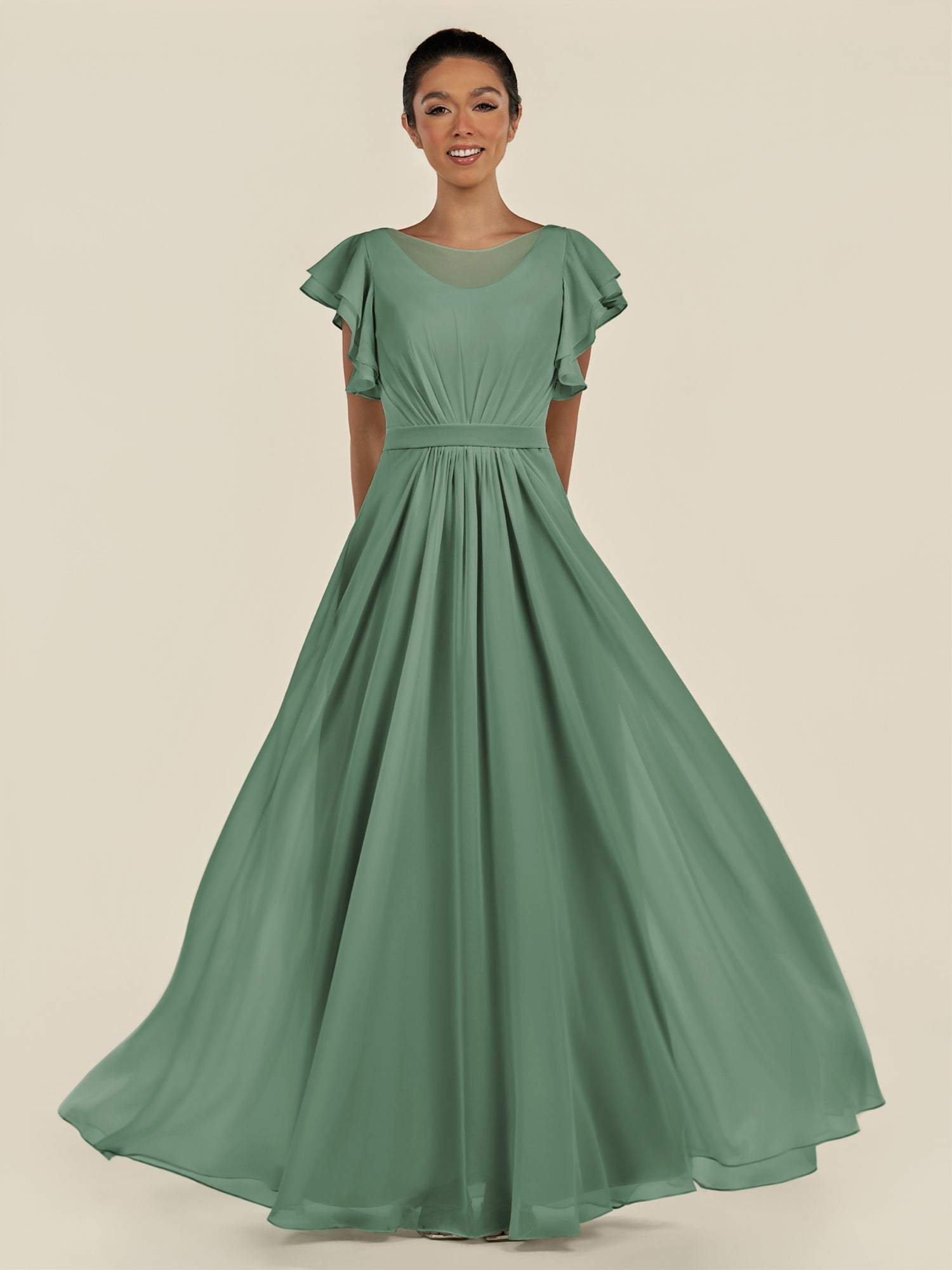 KissDress-Inea Sea Glass A Line Chiffon Illusion Scoop Neck Long Bridesmaid Dress with Flutter Sleeves