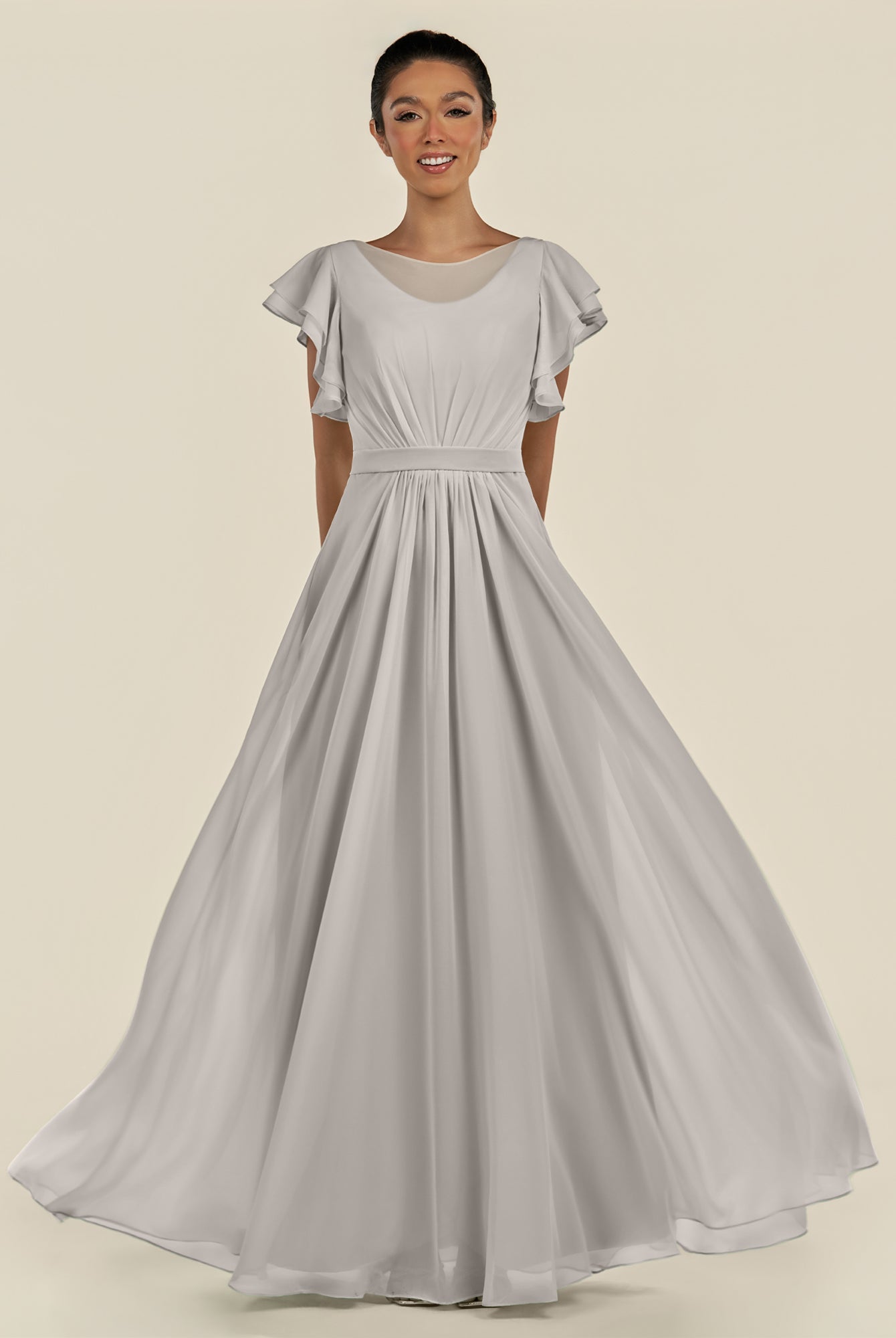 KissDress-Inea Silver A Line Chiffon Illusion Scoop Neck Long Bridesmaid Dress with Flutter Sleeves