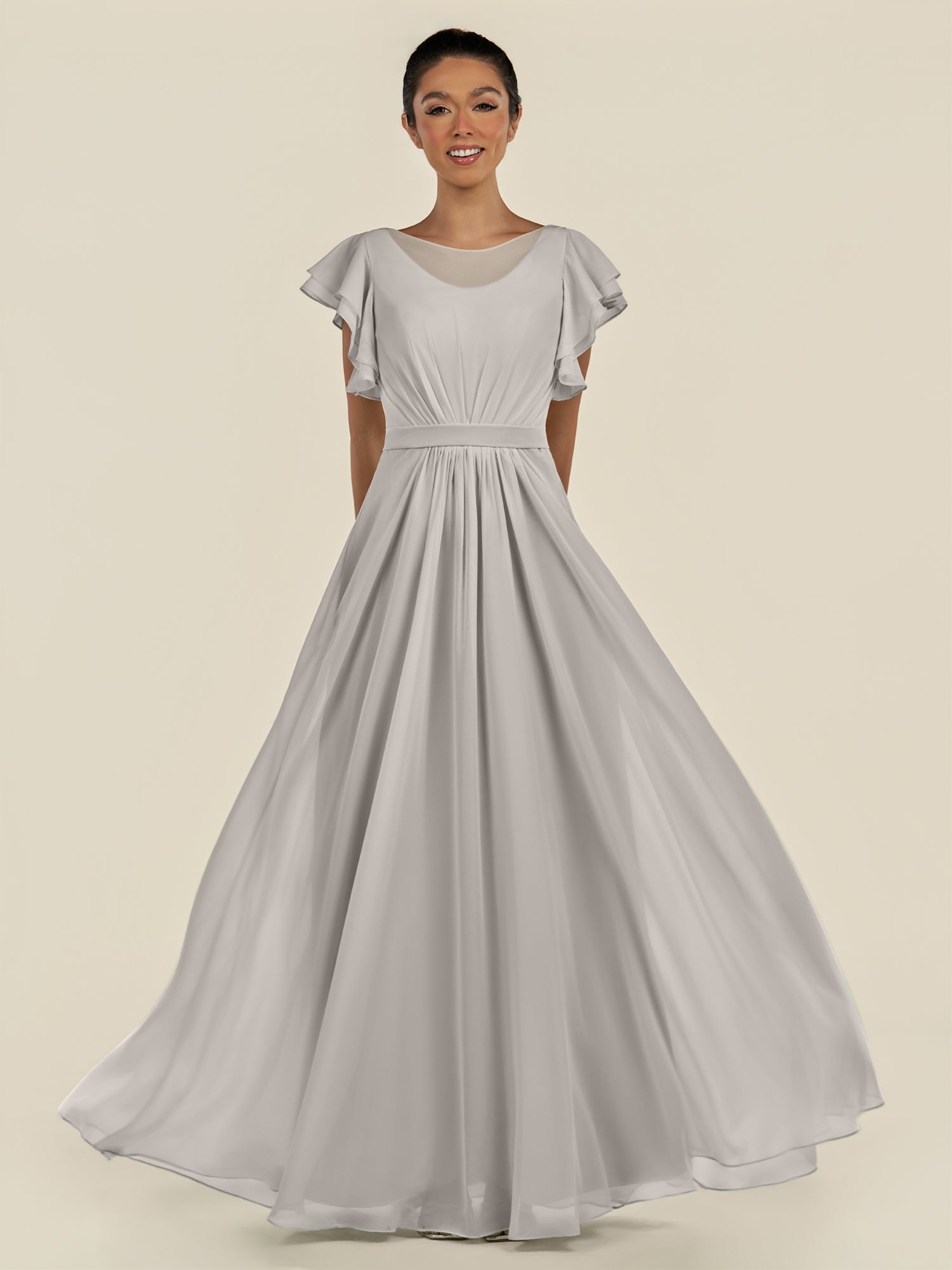 KissDress-Inea Silver A Line Chiffon Illusion Scoop Neck Long Bridesmaid Dress with Flutter Sleeves