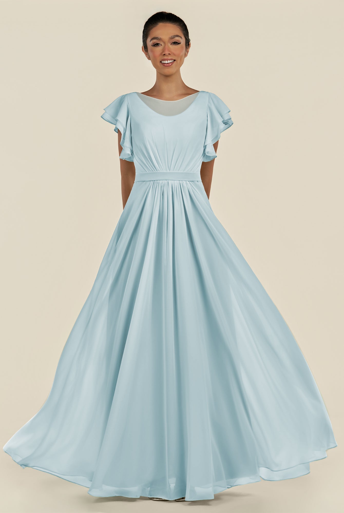 KissDress-Inea Sky Blue A Line Chiffon Illusion Scoop Neck Long Bridesmaid Dress with Flutter Sleeves