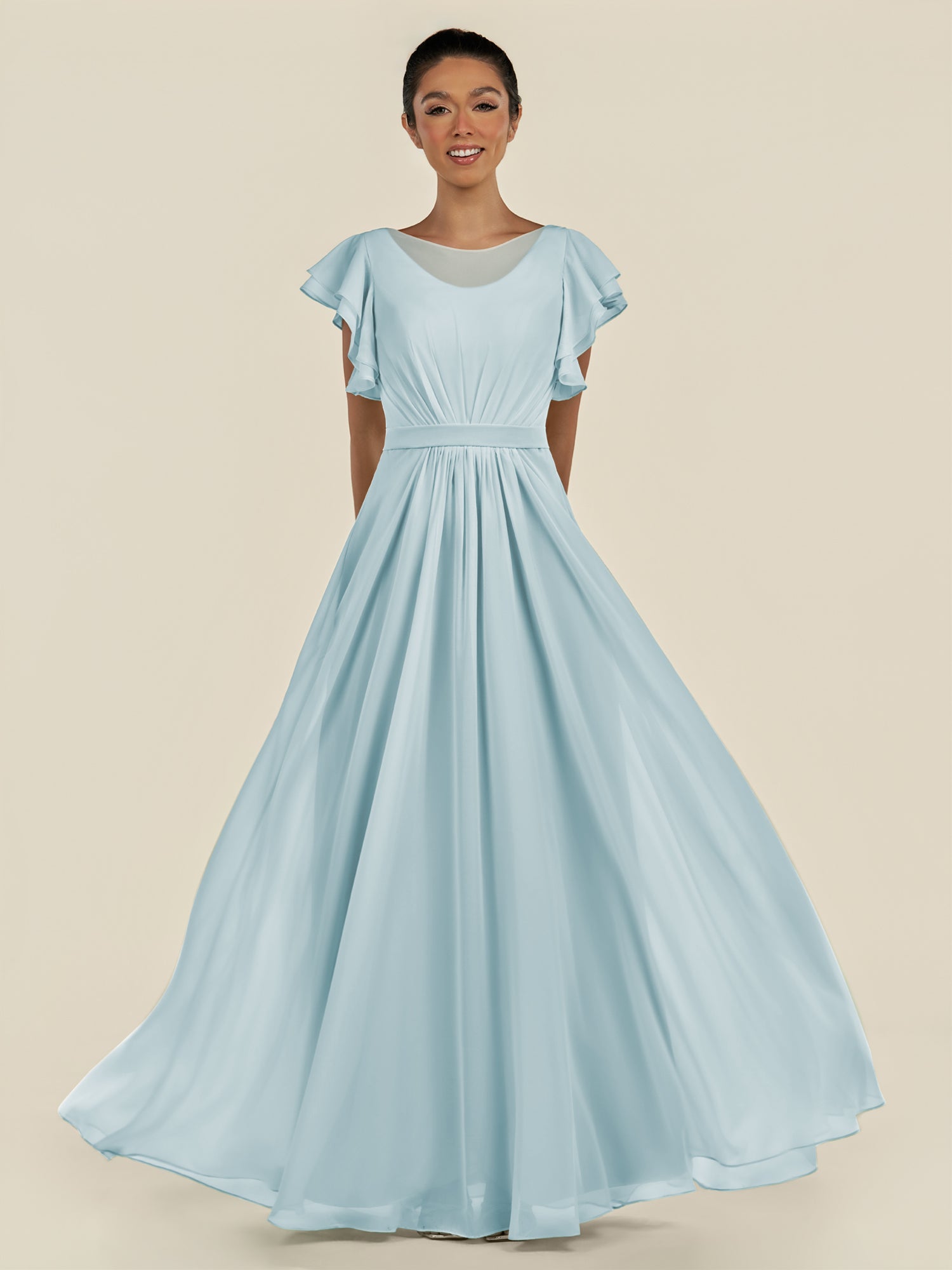 KissDress-Inea Sky Blue A Line Chiffon Illusion Scoop Neck Long Bridesmaid Dress with Flutter Sleeves