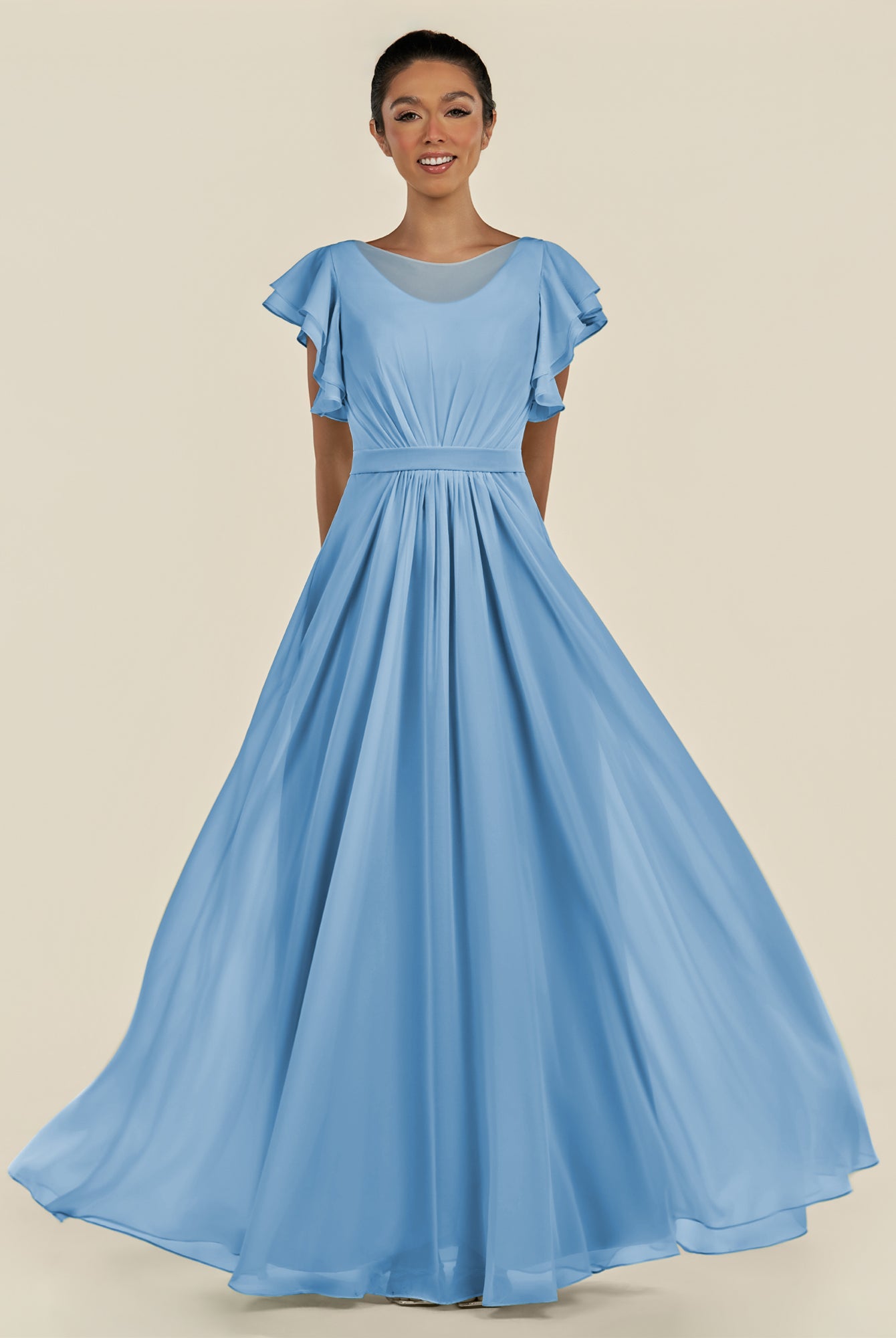 KissDress-Inea Steel Blue A Line Chiffon Illusion Scoop Neck Long Bridesmaid Dress with Flutter Sleeves