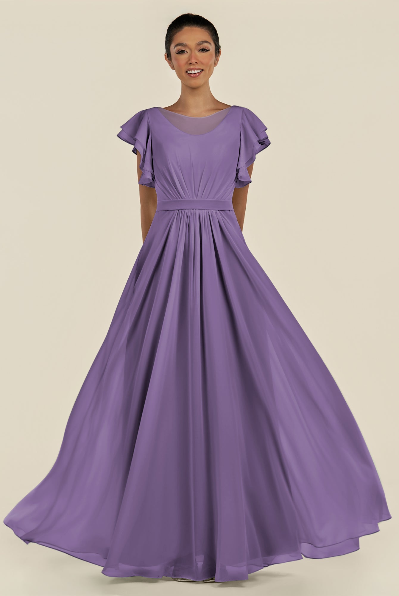 KissDress-Inea Tahiti A Line Chiffon Illusion Scoop Neck Long Bridesmaid Dress with Flutter Sleeves