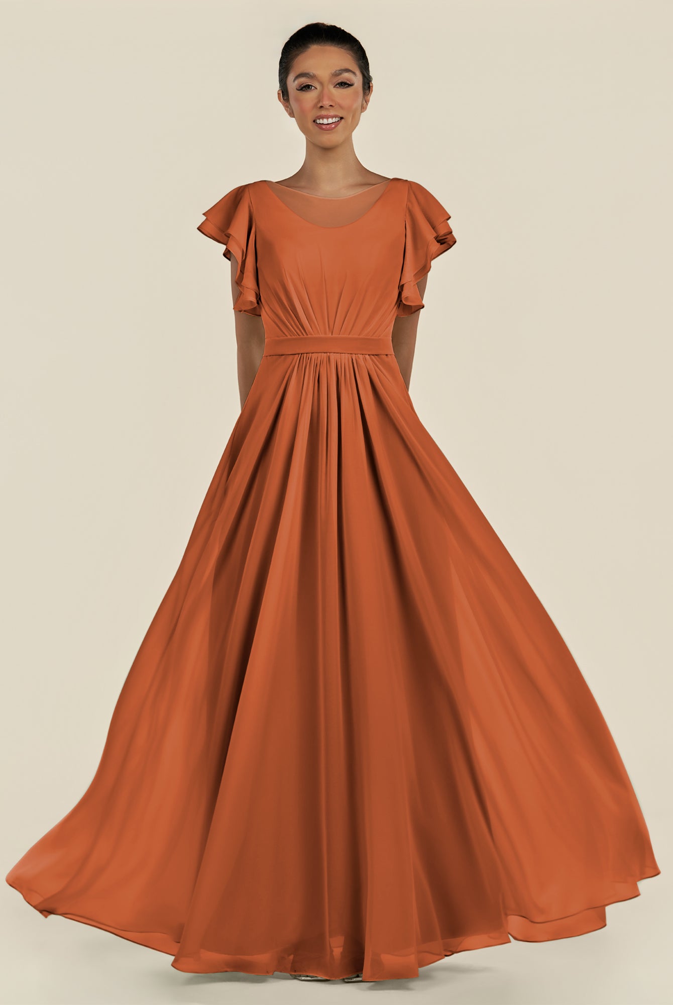KissDress-Inea Terracotta A Line Chiffon Illusion Scoop Neck Long Bridesmaid Dress with Flutter Sleeves