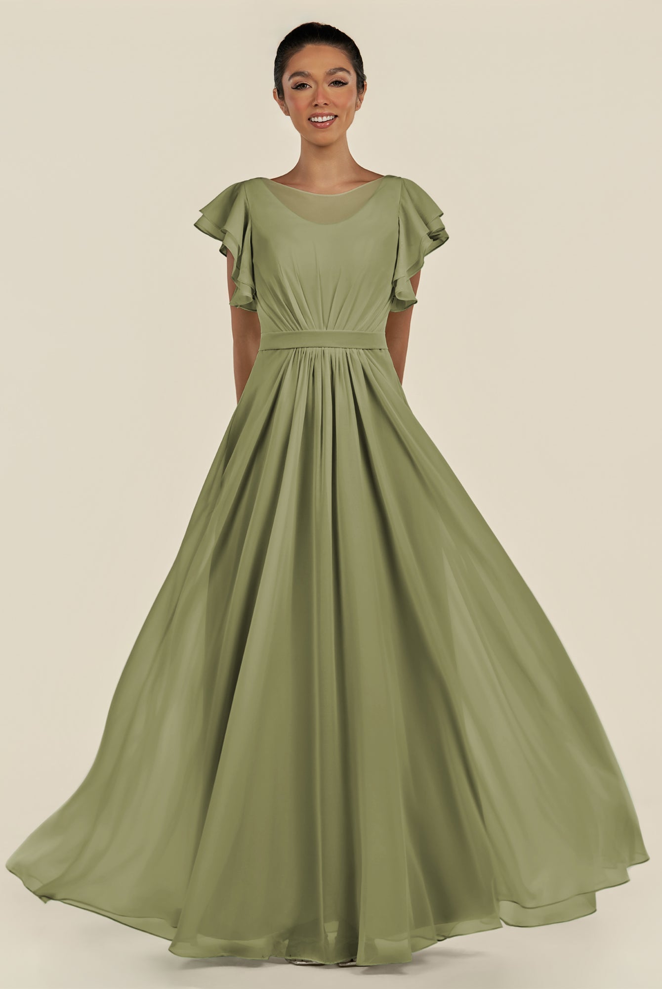 KissDress-Inea Thyme A Line Chiffon Illusion Scoop Neck Long Bridesmaid Dress with Flutter Sleeves