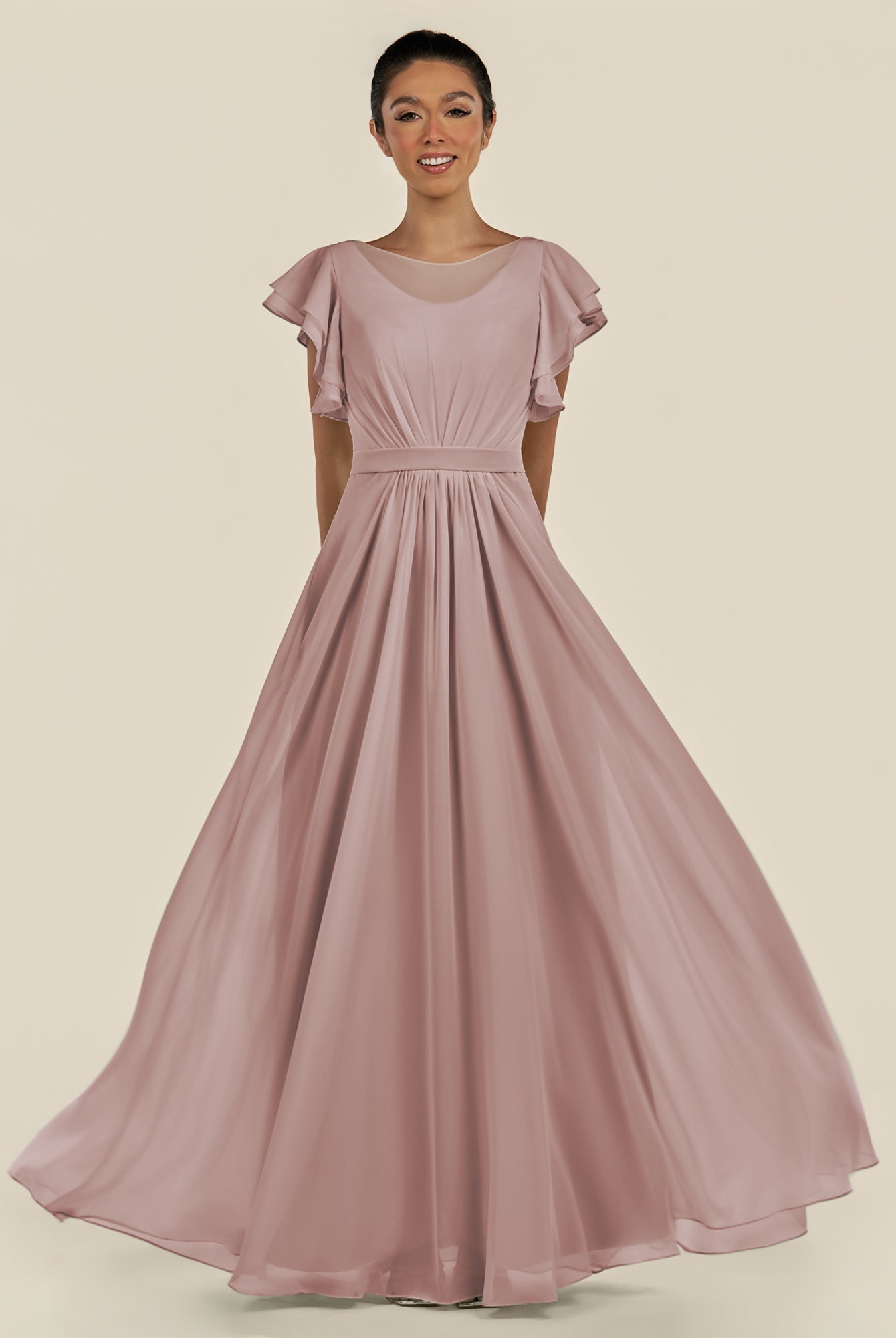 KissDress-Inea Toffee A Line Chiffon Illusion Scoop Neck Long Bridesmaid Dress with Flutter Sleeves