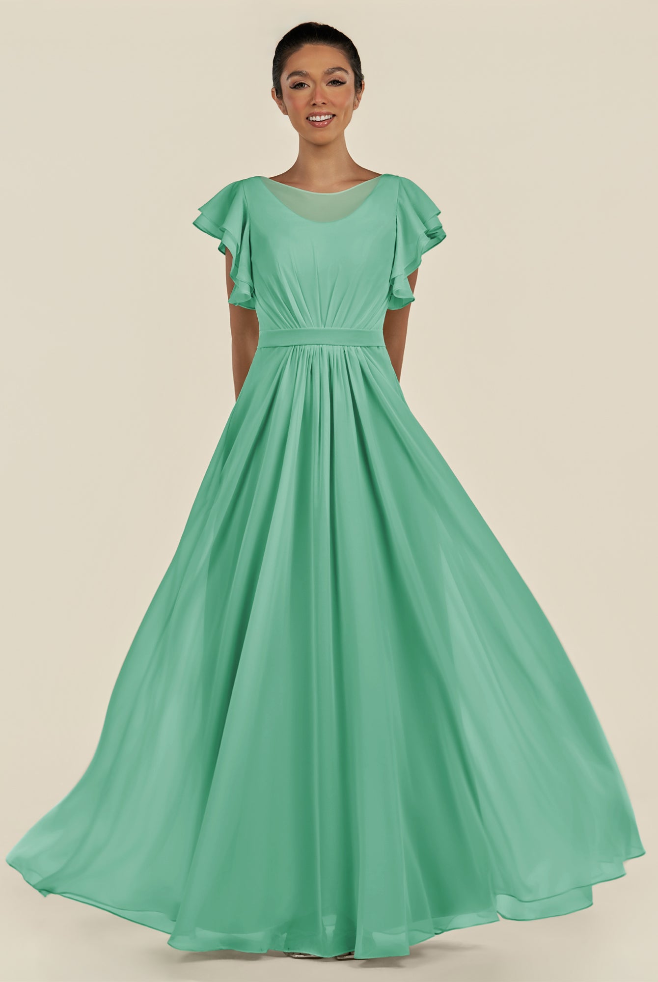 KissDress-Inea Turquoise A Line Chiffon Illusion Scoop Neck Long Bridesmaid Dress with Flutter Sleeves