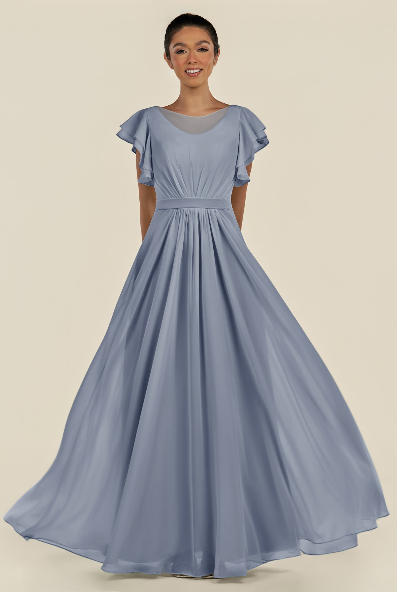 KissDress-Inea Twilight A Line Chiffon Illusion Scoop Neck Long Bridesmaid Dress with Flutter Sleeves