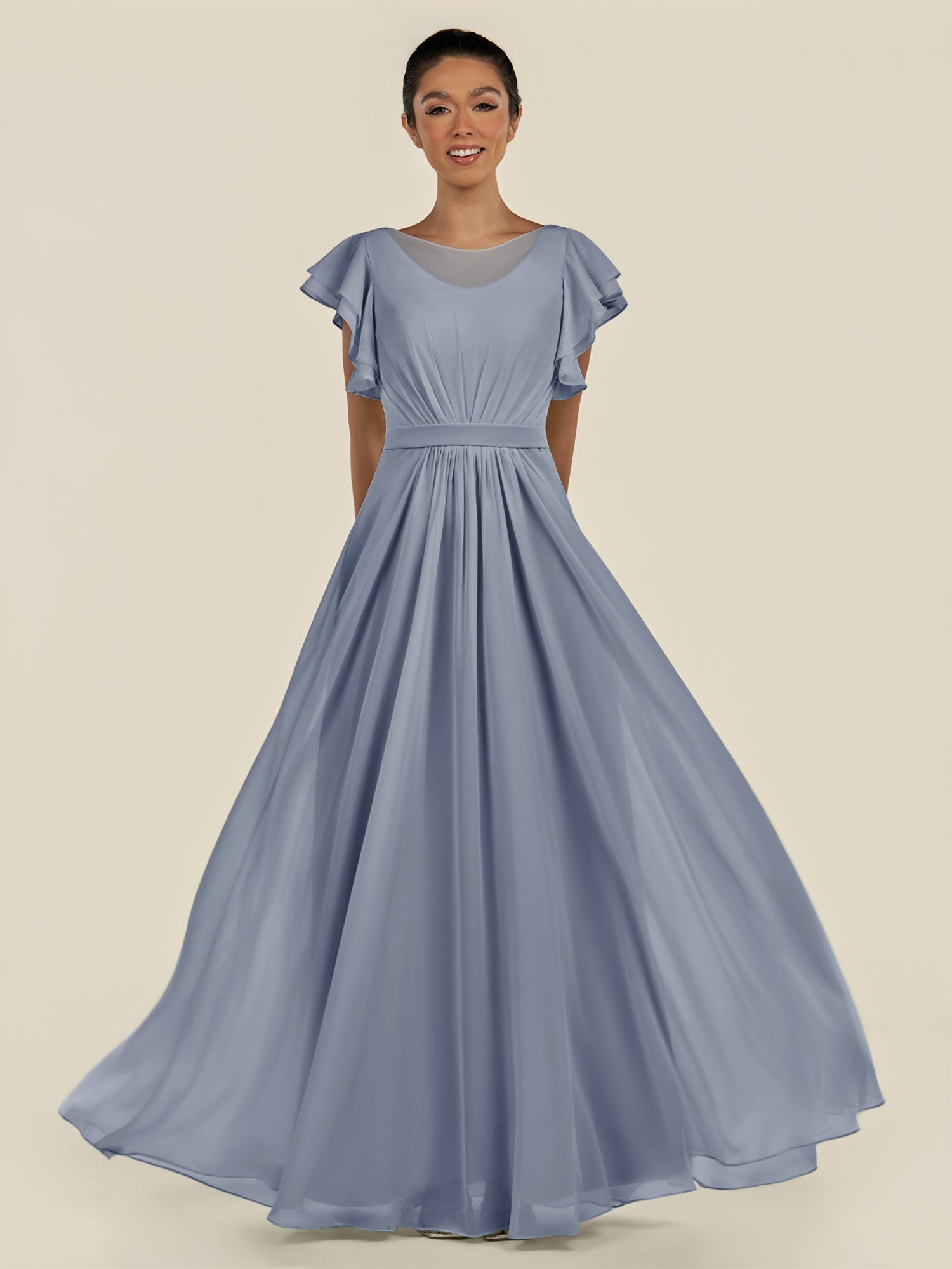 KissDress-Inea Twilight A Line Chiffon Illusion Scoop Neck Long Bridesmaid Dress with Flutter Sleeves