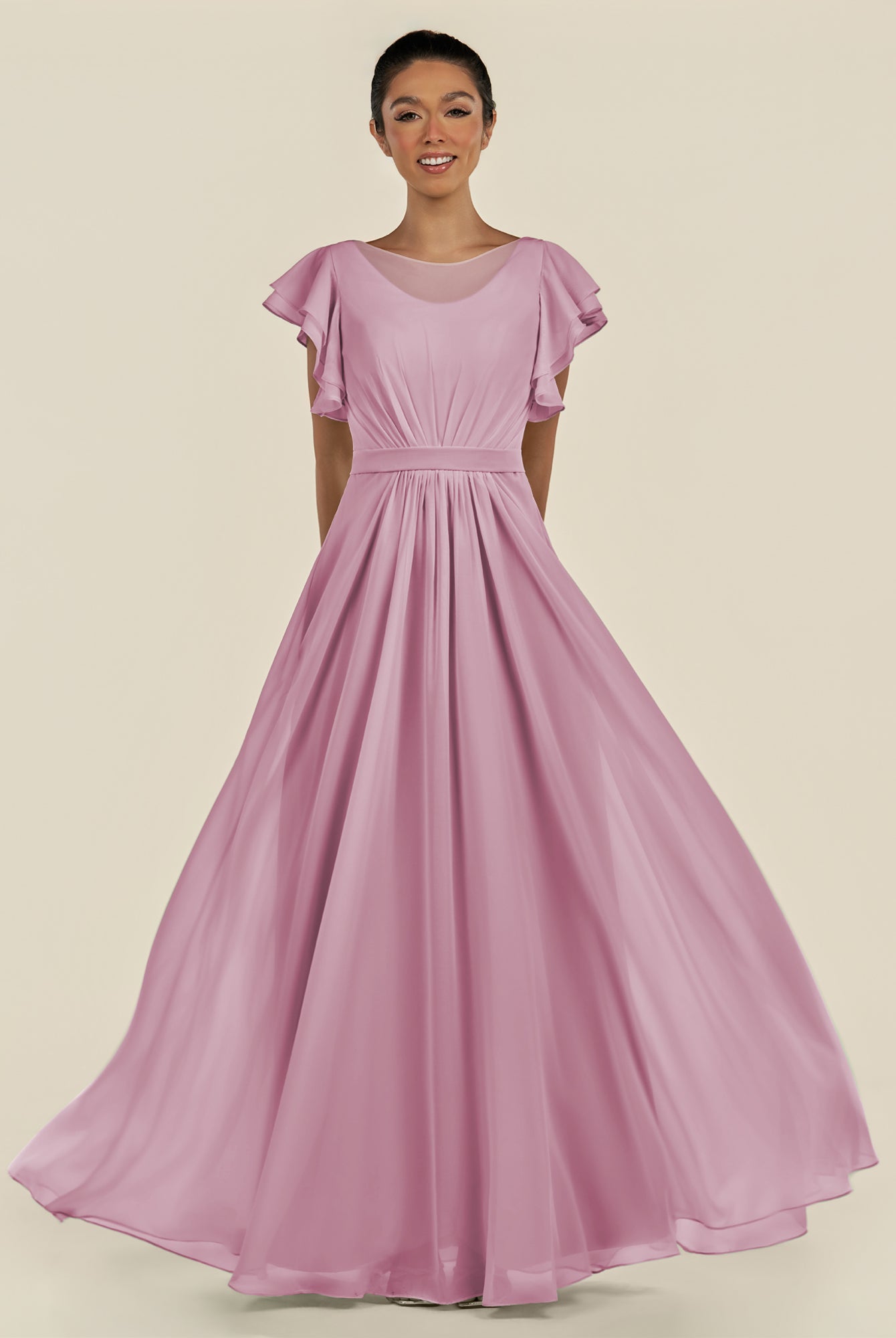 KissDress-Inea Vintage Mauve A Line Chiffon Illusion Scoop Neck Long Bridesmaid Dress with Flutter Sleeves
