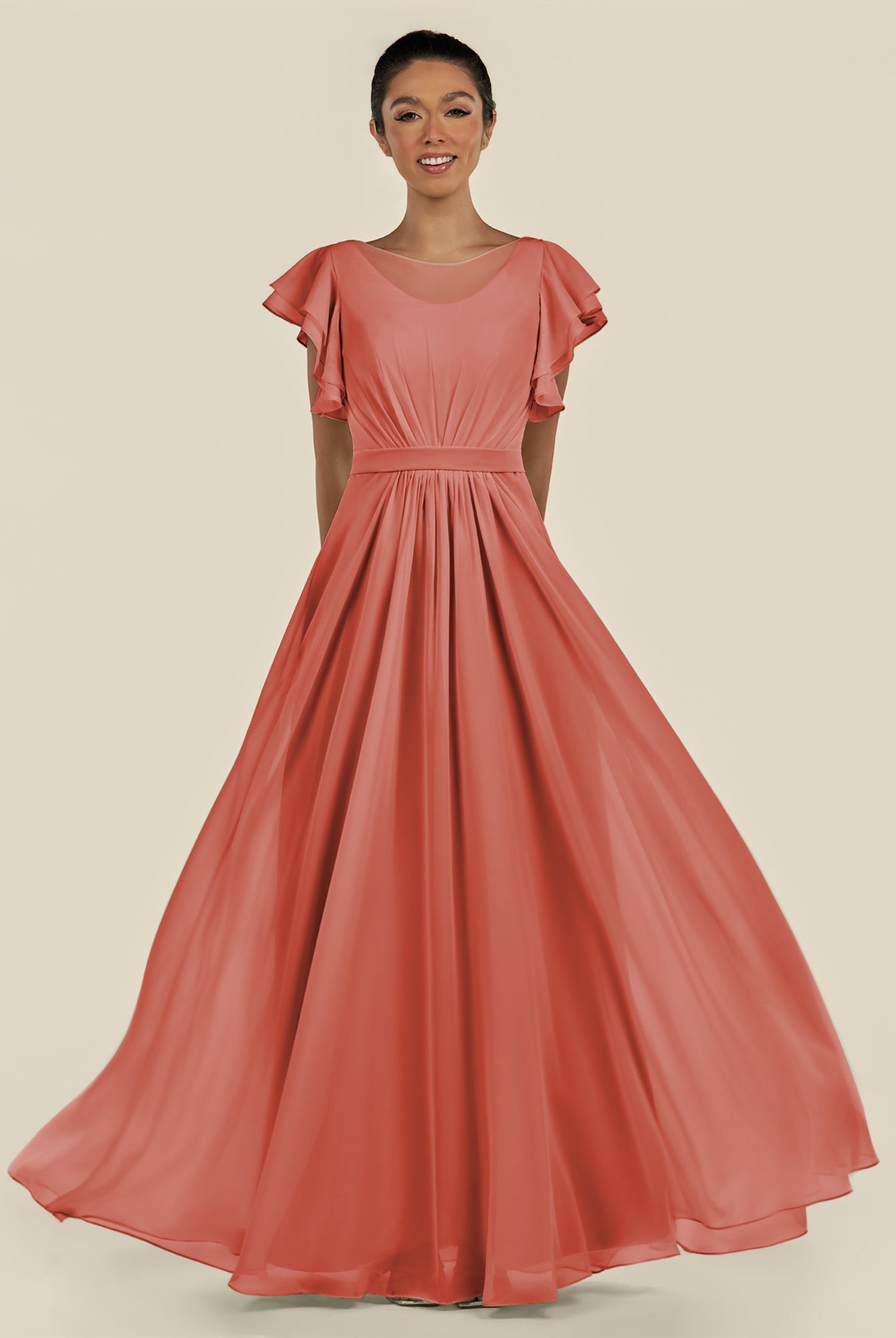 KissDress-Inea Wild Rose A Line Chiffon Illusion Scoop Neck Long Bridesmaid Dress with Flutter Sleeves