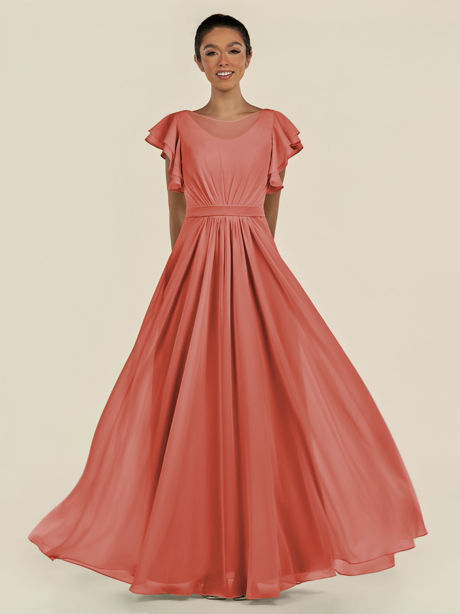 KissDress-Inea Wild Rose A Line Chiffon Illusion Scoop Neck Long Bridesmaid Dress with Flutter Sleeves