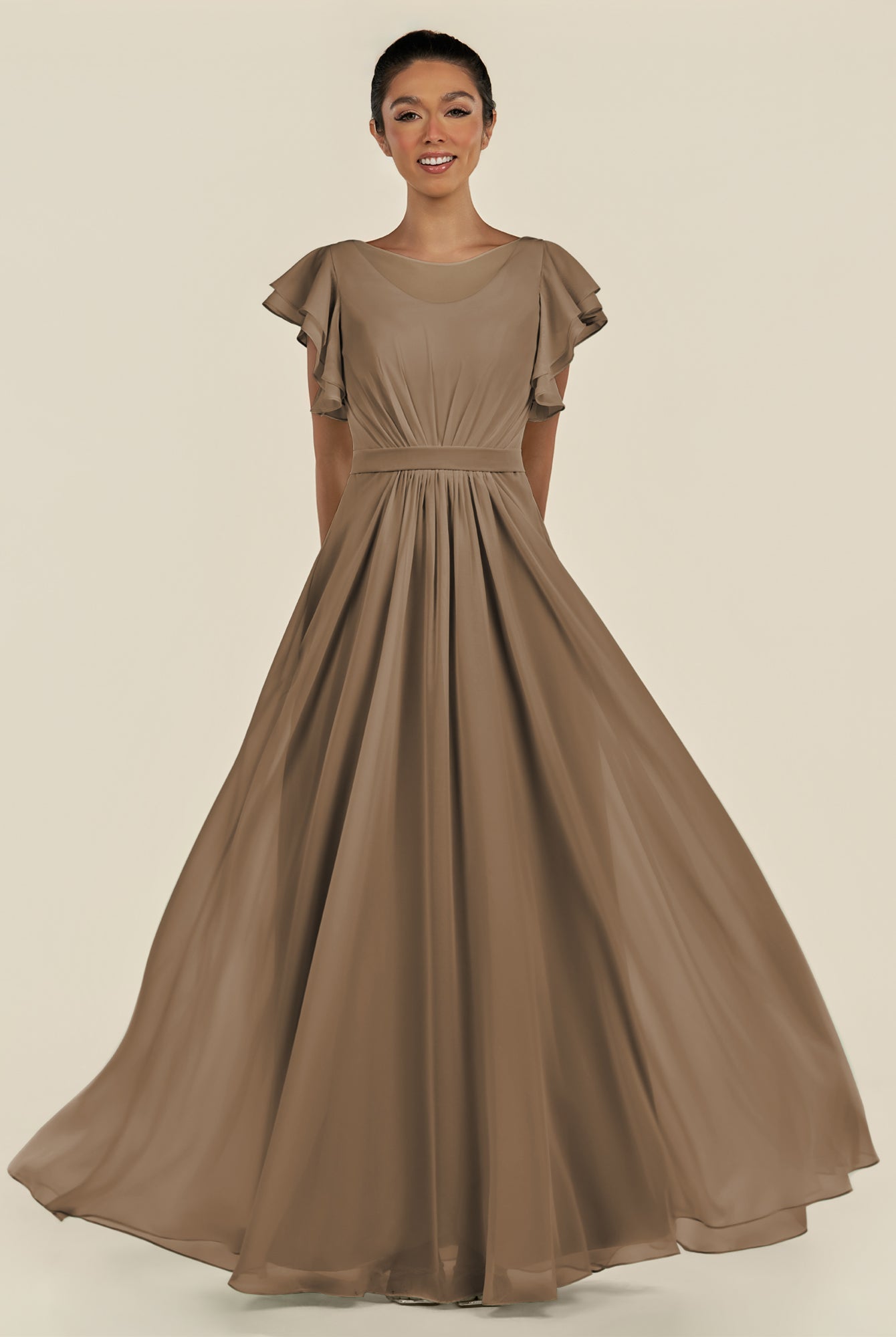 KissDress-Inea Willow Green A Line Chiffon Illusion Scoop Neck Long Bridesmaid Dress with Flutter Sleeves