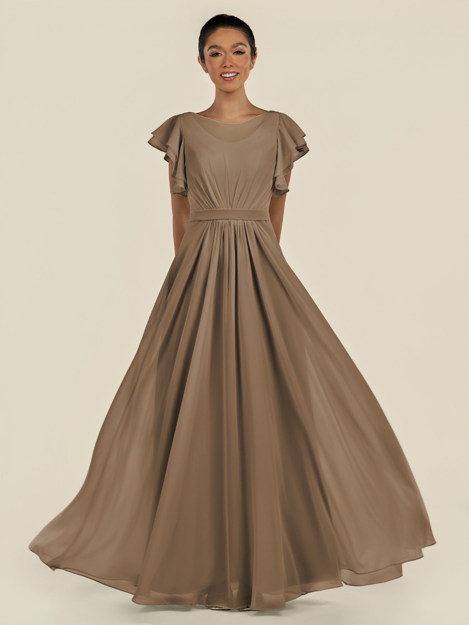KissDress-Inea Willow Green A Line Chiffon Illusion Scoop Neck Long Bridesmaid Dress with Flutter Sleeves