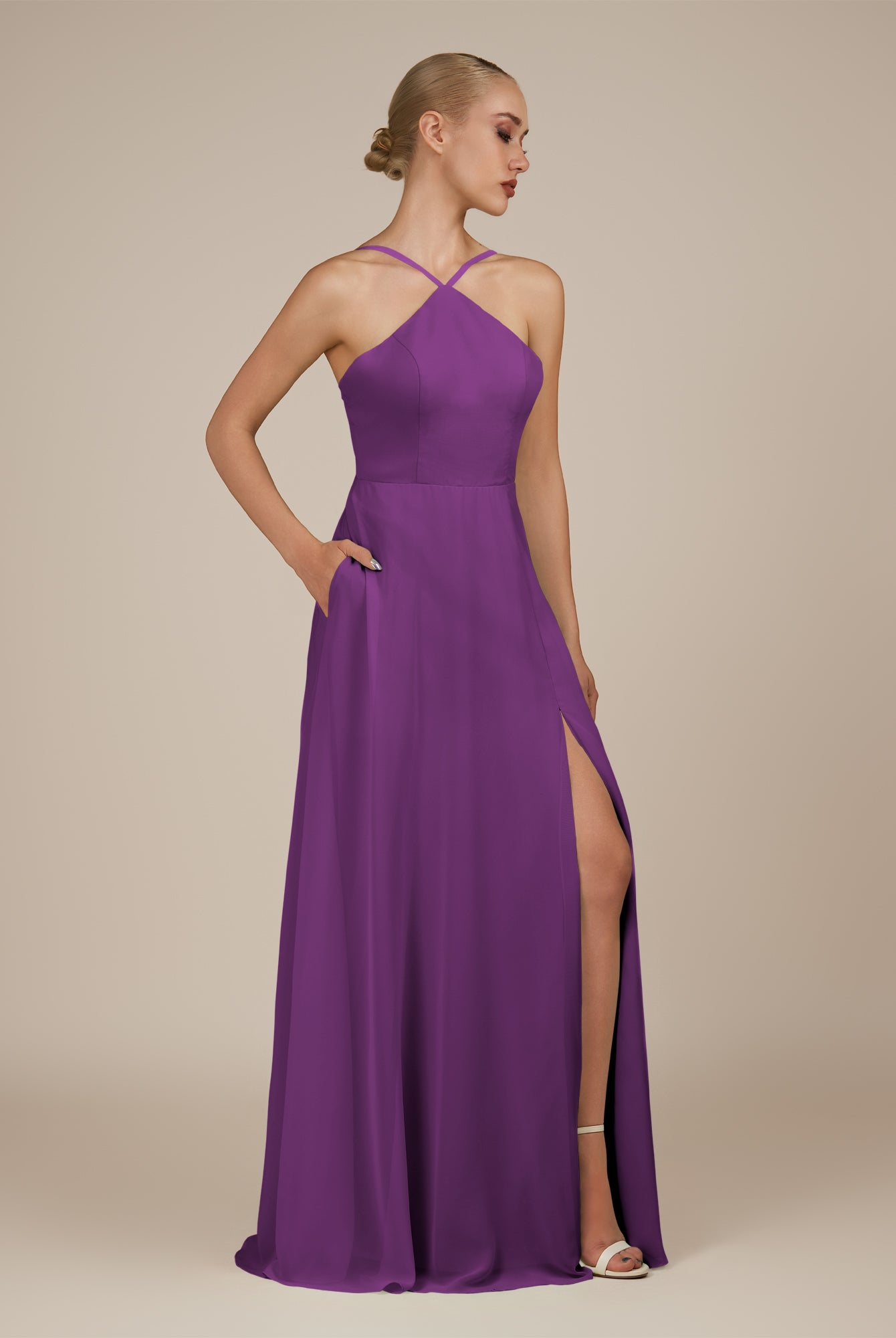 KissDress-Ione Amethyst A Line Chiffon Halter Neck Long Bridesmaid Dress with Slit