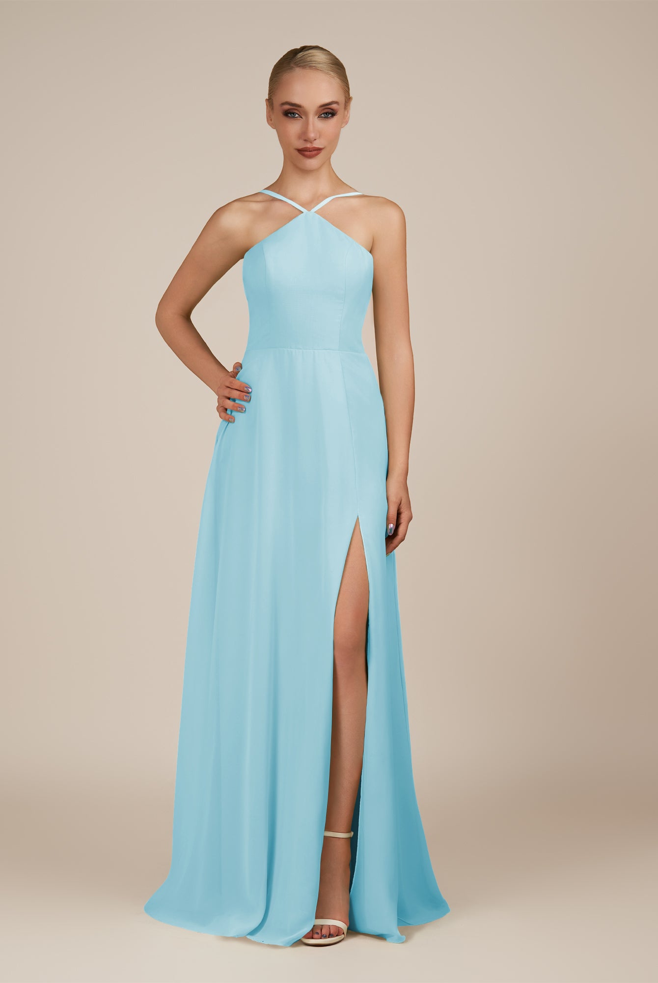 KissDress-Ione Aqua A Line Chiffon Halter Neck Long Bridesmaid Dress with Slit