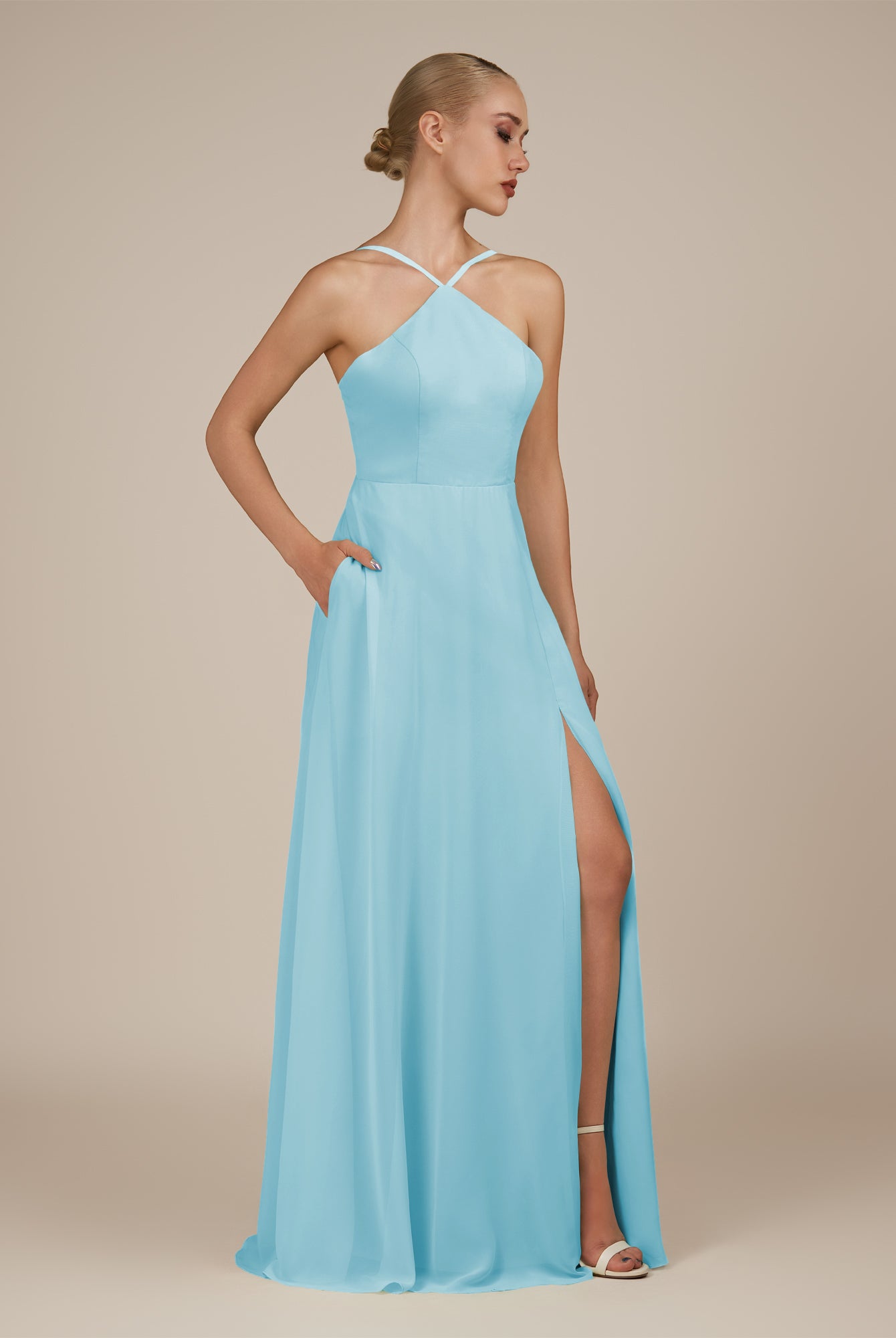 KissDress-Ione Aqua A Line Chiffon Halter Neck Long Bridesmaid Dress with Slit