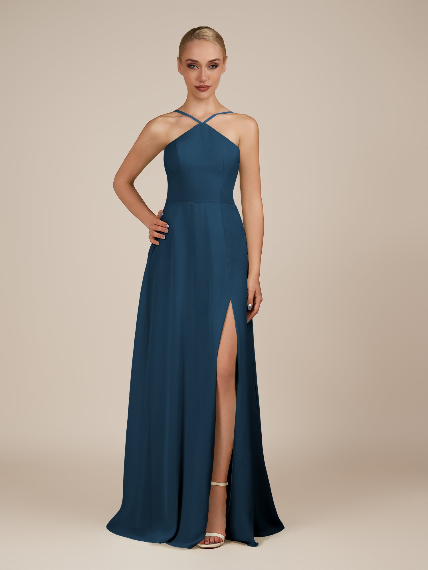 KissDress-Ione Bermuda A Line Chiffon Halter Neck Long Bridesmaid Dress with Slit