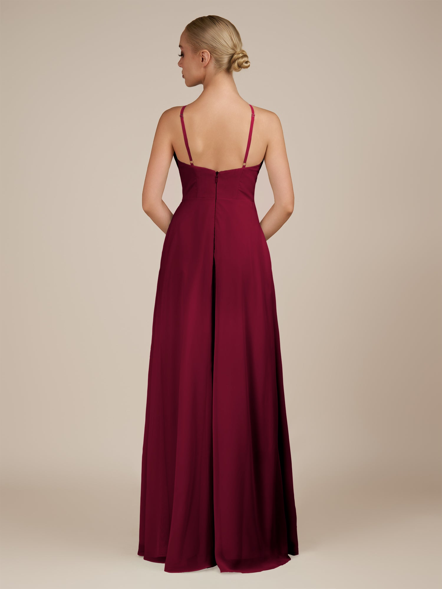 KissDress-Ione Berry A Line Chiffon Halter Neck Long Bridesmaid Dress with Slit