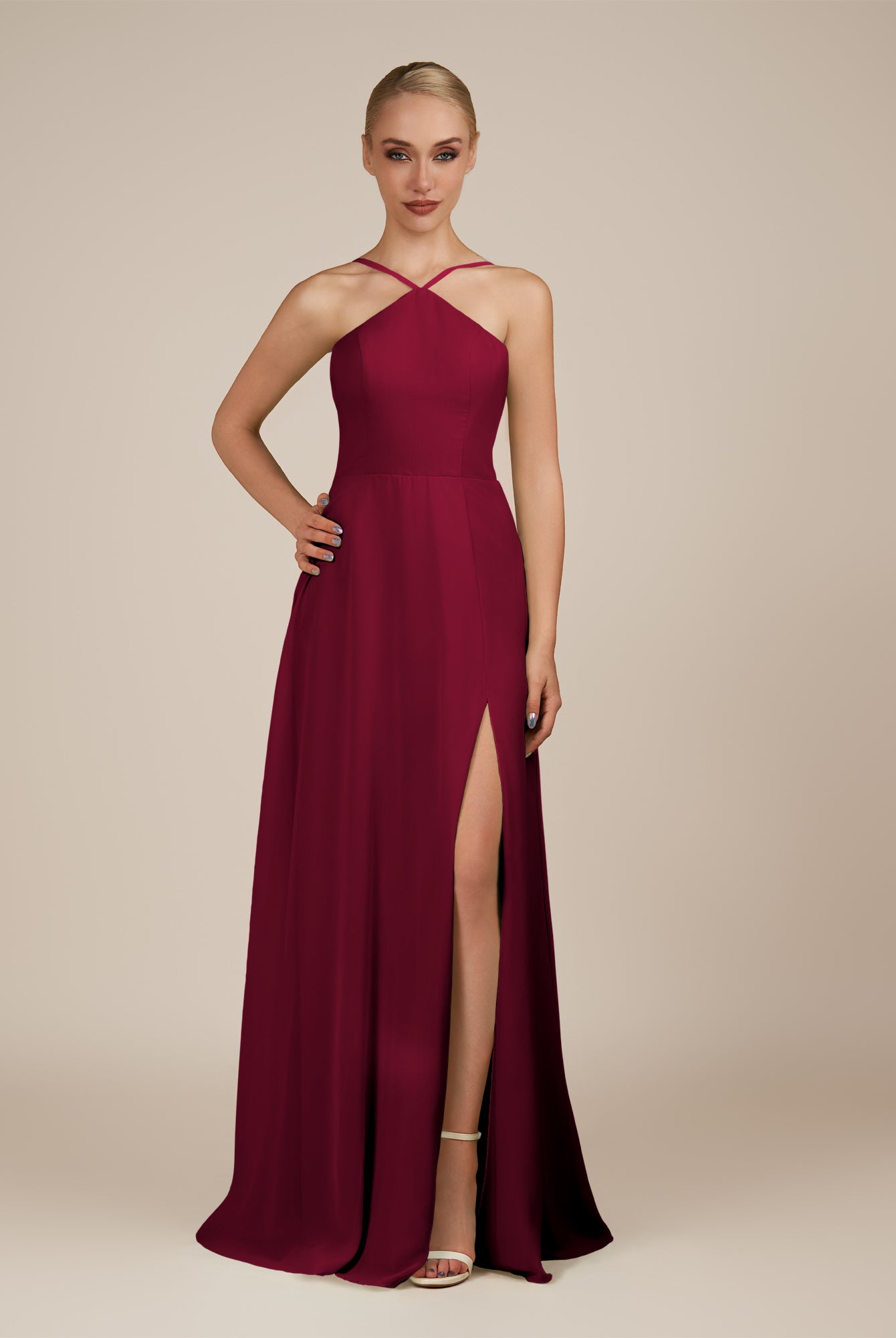 KissDress-Ione Berry A Line Chiffon Halter Neck Long Bridesmaid Dress with Slit