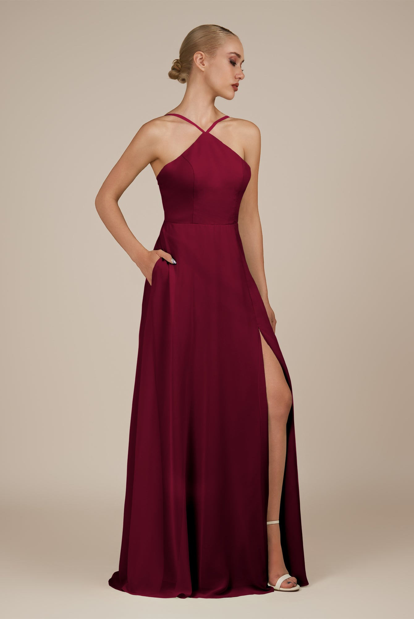 KissDress-Ione Berry A Line Chiffon Halter Neck Long Bridesmaid Dress with Slit