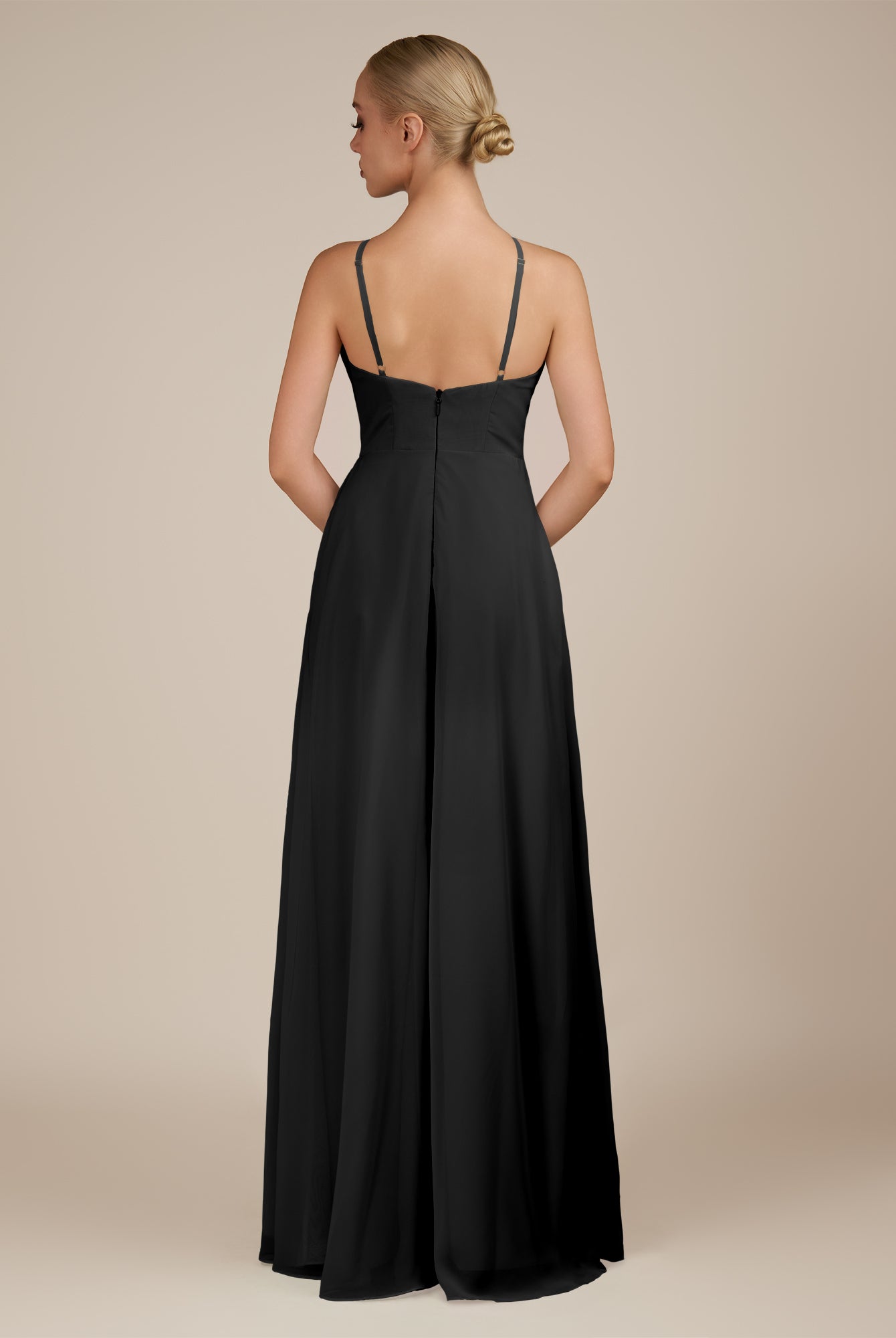 KissDress-Ione Black A Line Chiffon Halter Neck Long Bridesmaid Dress with Slit