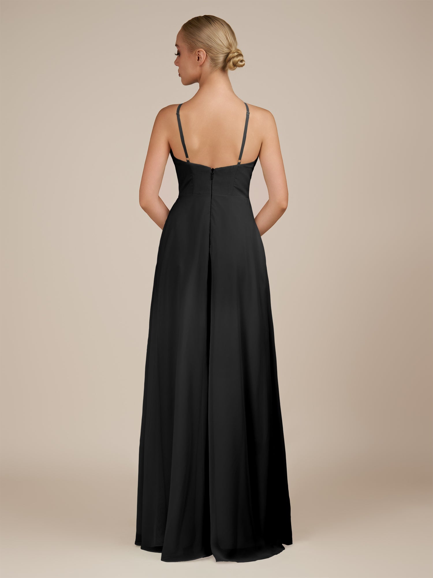 KissDress-Ione Black A Line Chiffon Halter Neck Long Bridesmaid Dress with Slit