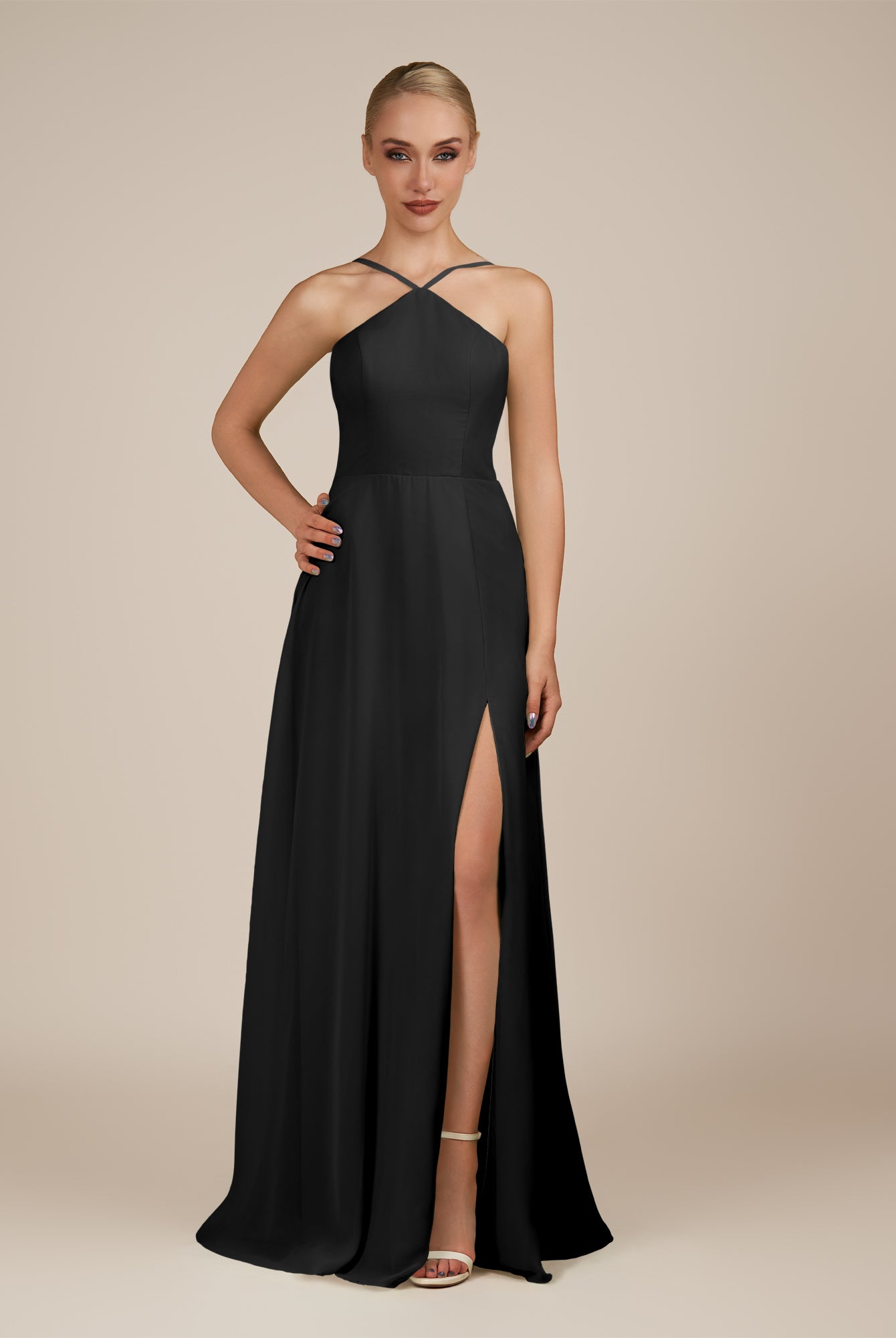 KissDress-Ione Black A Line Chiffon Halter Neck Long Bridesmaid Dress with Slit