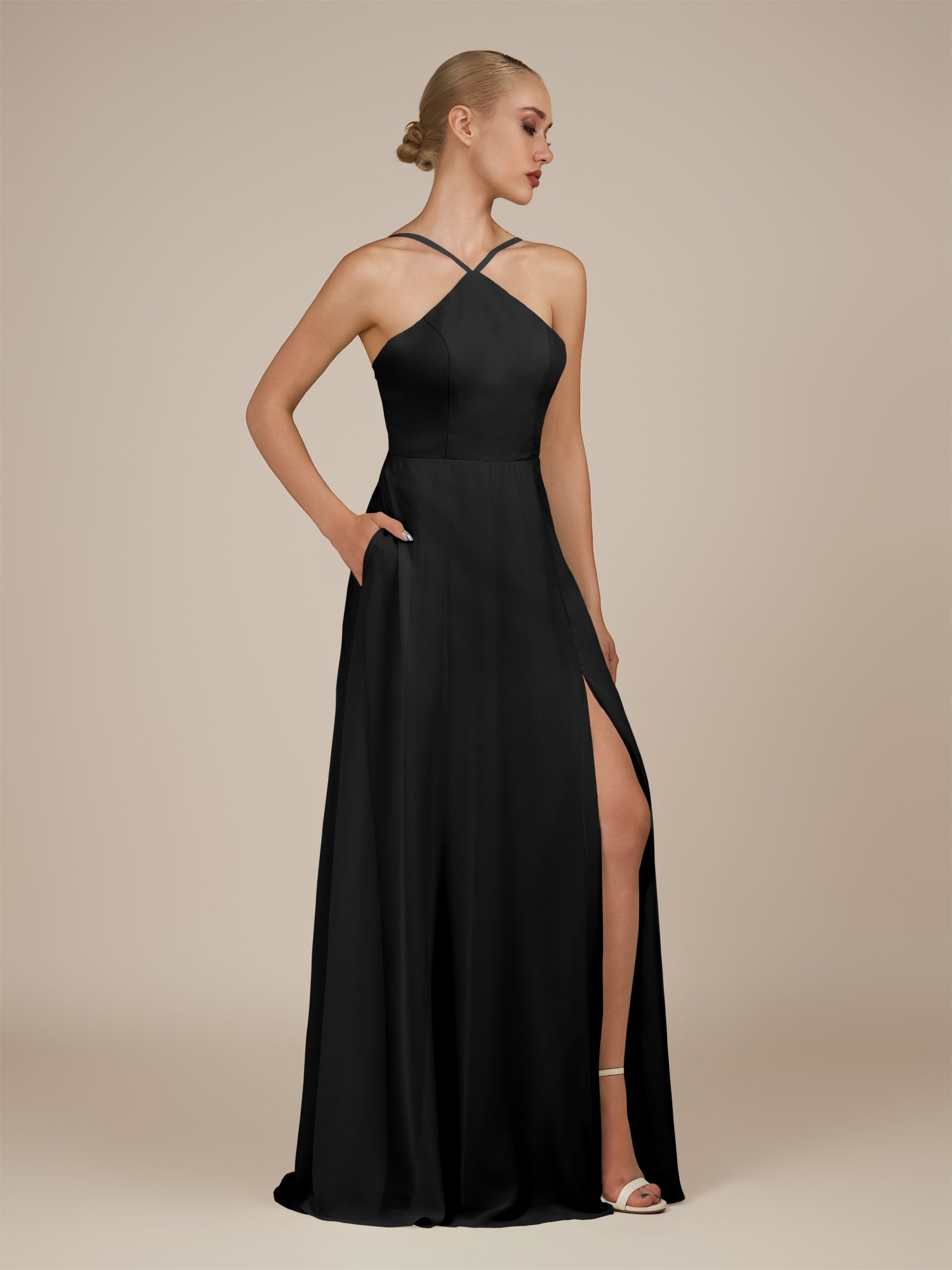 KissDress-Ione Black A Line Chiffon Halter Neck Long Bridesmaid Dress with Slit