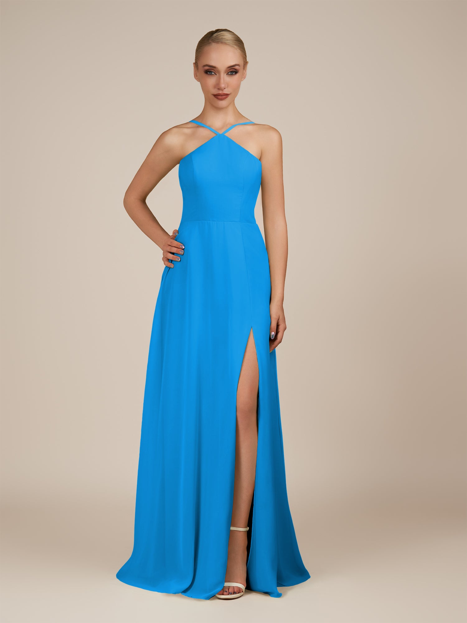 KissDress-Ione Blue Jay A Line Chiffon Halter Neck Long Bridesmaid Dress with Slit