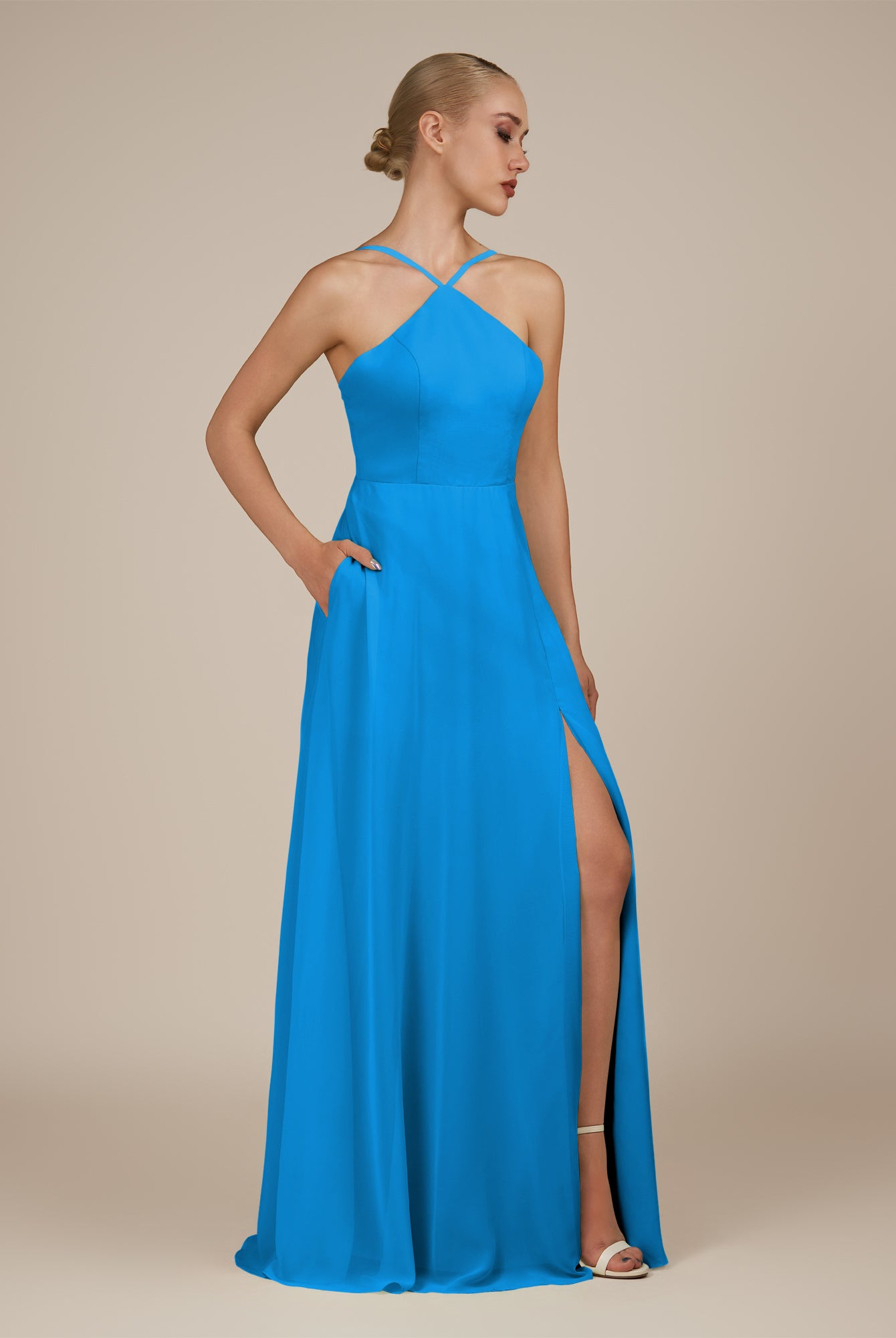 KissDress-Ione Blue Jay A Line Chiffon Halter Neck Long Bridesmaid Dress with Slit