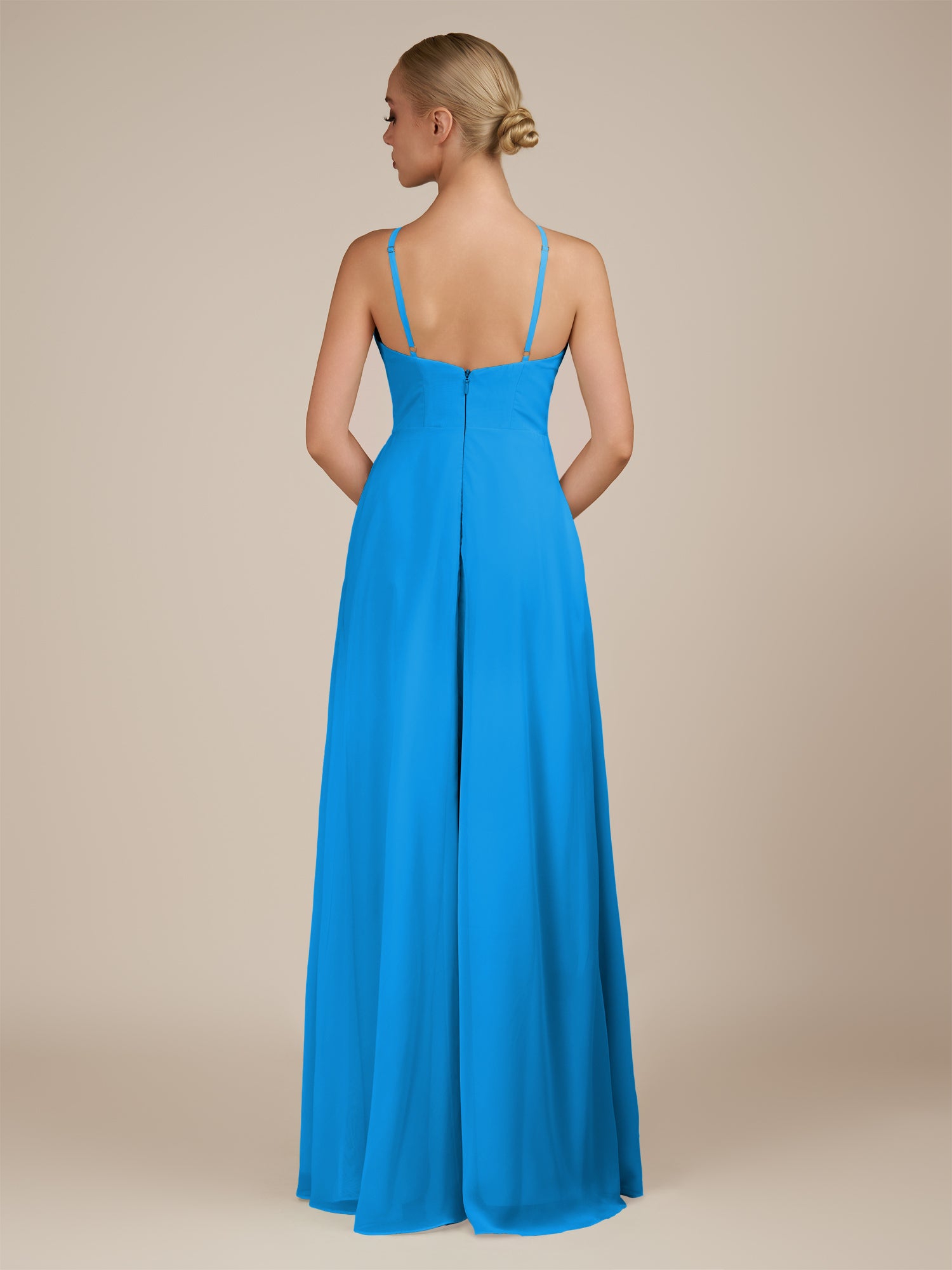 KissDress-Ione Blue Jay A Line Chiffon Halter Neck Long Bridesmaid Dress with Slit