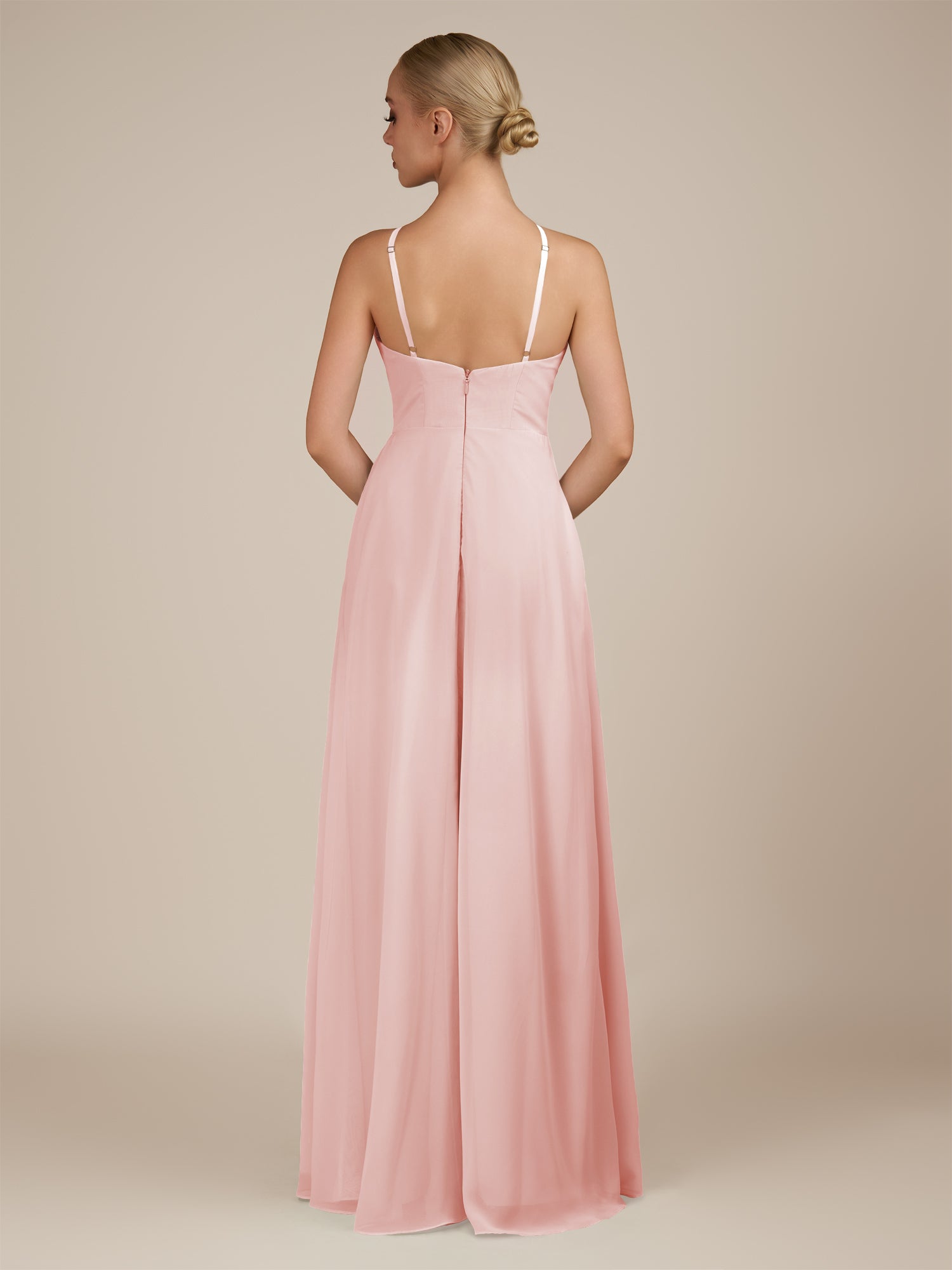 KissDress-Ione Blush Pink A Line Chiffon Halter Neck Long Bridesmaid Dress with Slit