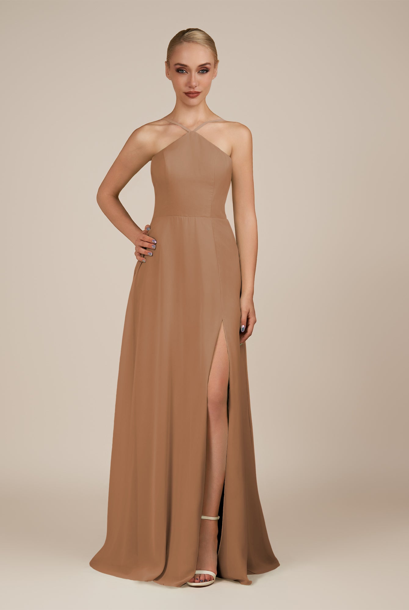 KissDress-Ione Bronzer A Line Chiffon Halter Neck Long Bridesmaid Dress with Slit
