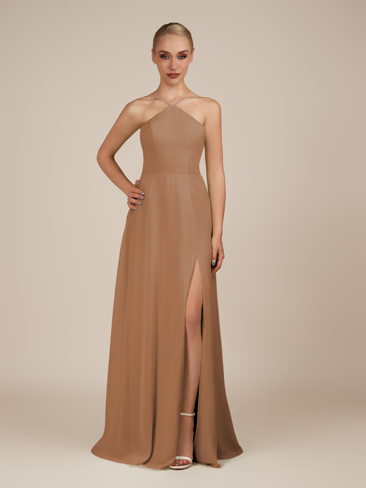 KissDress-Ione Bronzer A Line Chiffon Halter Neck Long Bridesmaid Dress with Slit
