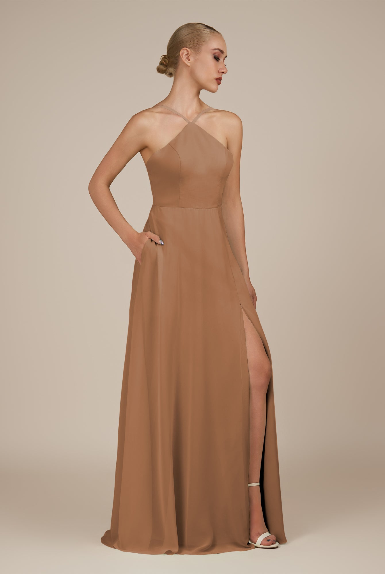 KissDress-Ione Bronzer A Line Chiffon Halter Neck Long Bridesmaid Dress with Slit