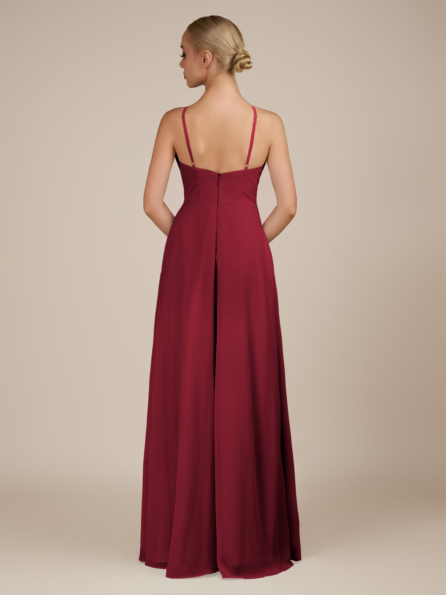 KissDress-Ione Burgundy A Line Chiffon Halter Neck Long Bridesmaid Dress with Slit