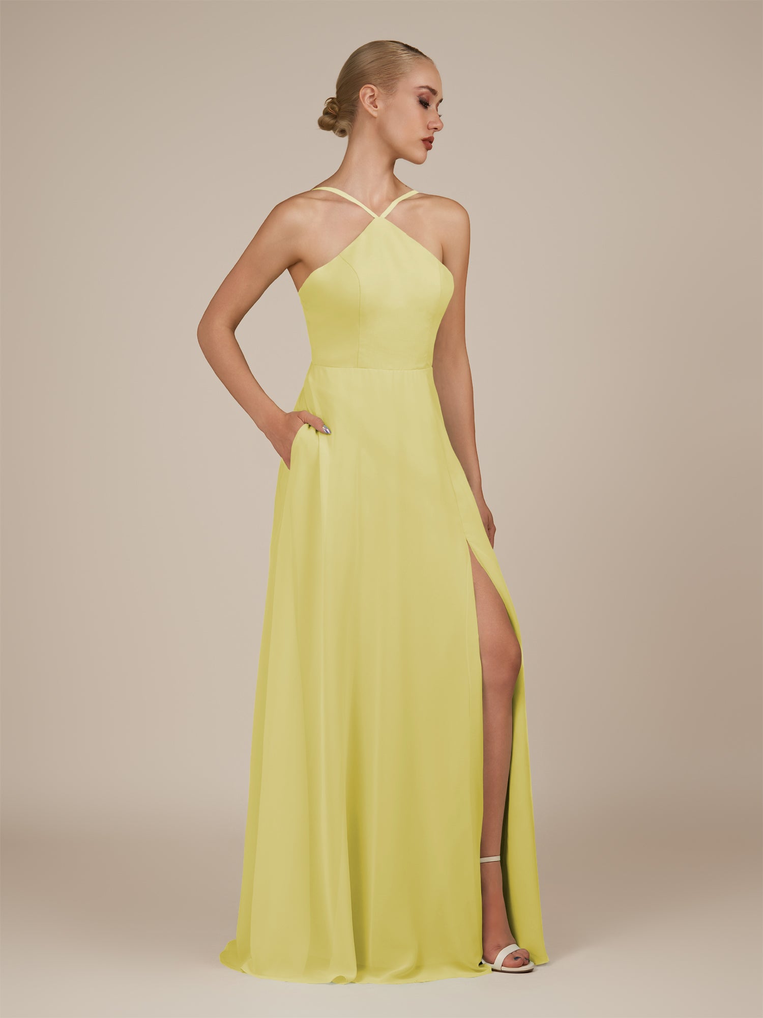 KissDress-Ione Buttercup A Line Chiffon Halter Neck Long Bridesmaid Dress with Slit