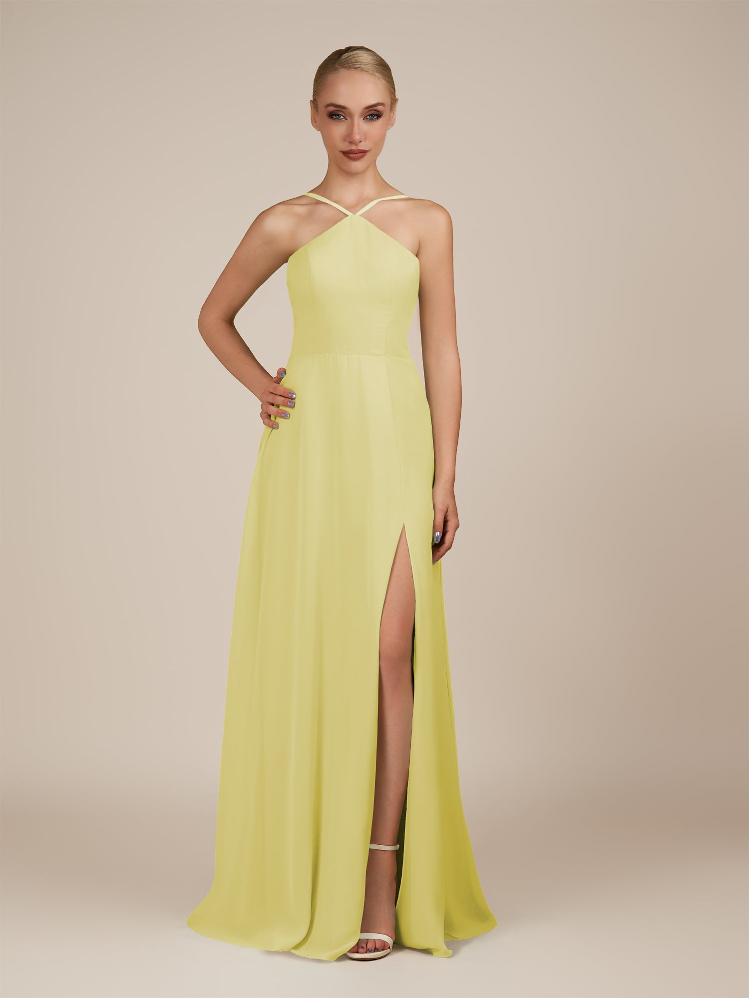 KissDress-Ione Buttercup A Line Chiffon Halter Neck Long Bridesmaid Dress with Slit
