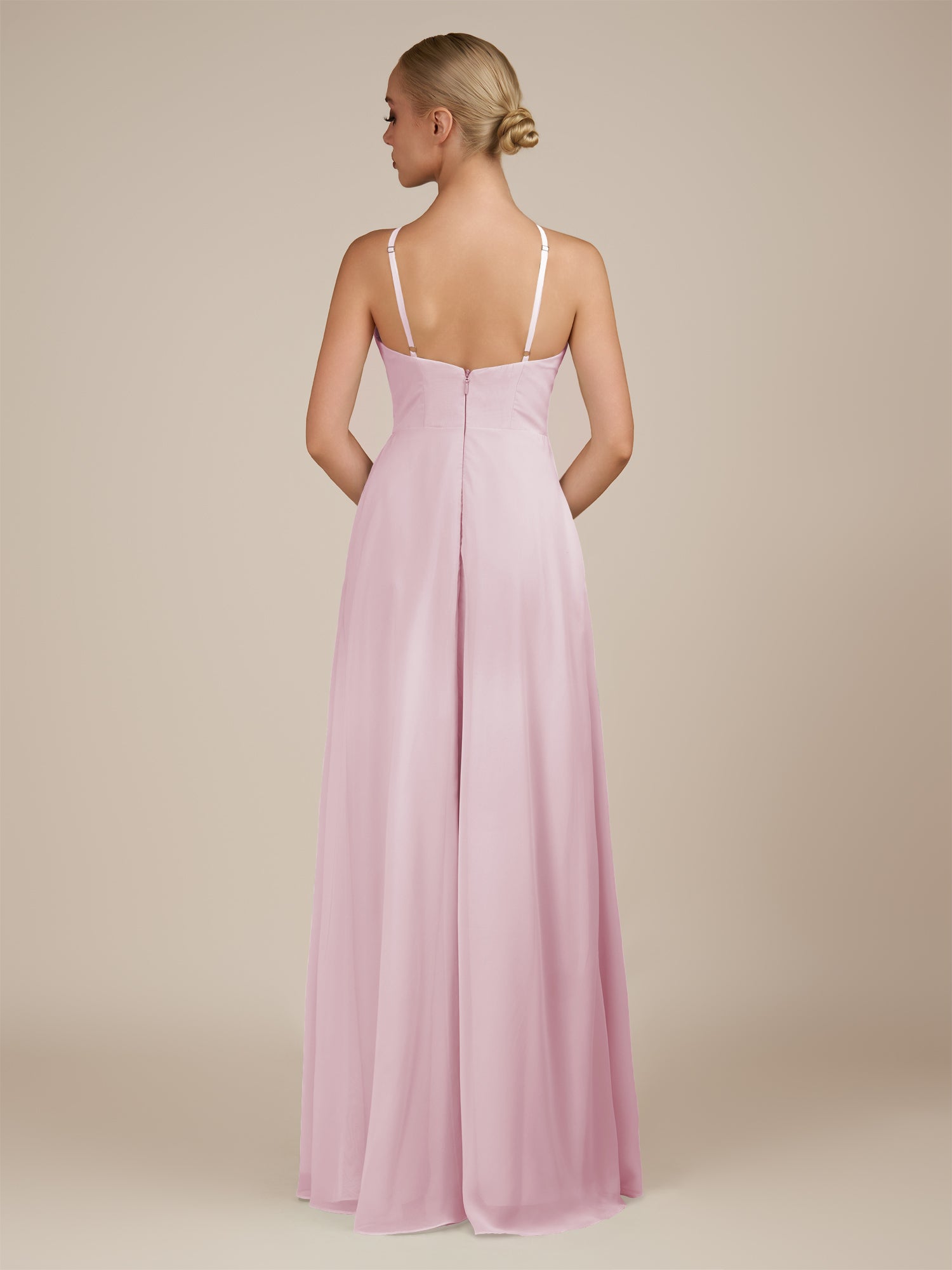 KissDress-Ione Candy Pink A Line Chiffon Halter Neck Long Bridesmaid Dress with Slit