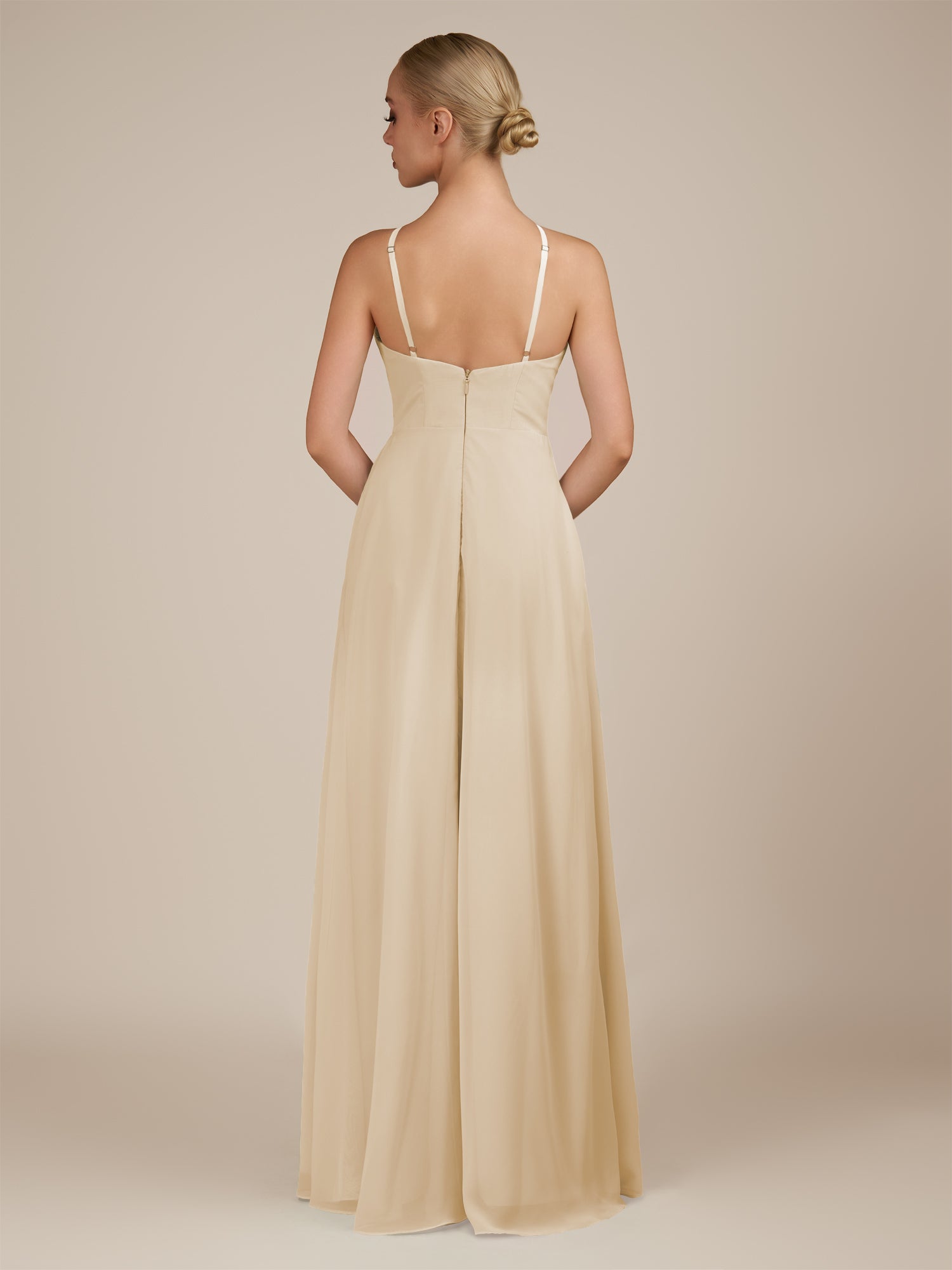 KissDress-Ione Champagne A Line Chiffon Halter Neck Long Bridesmaid Dress with Slit