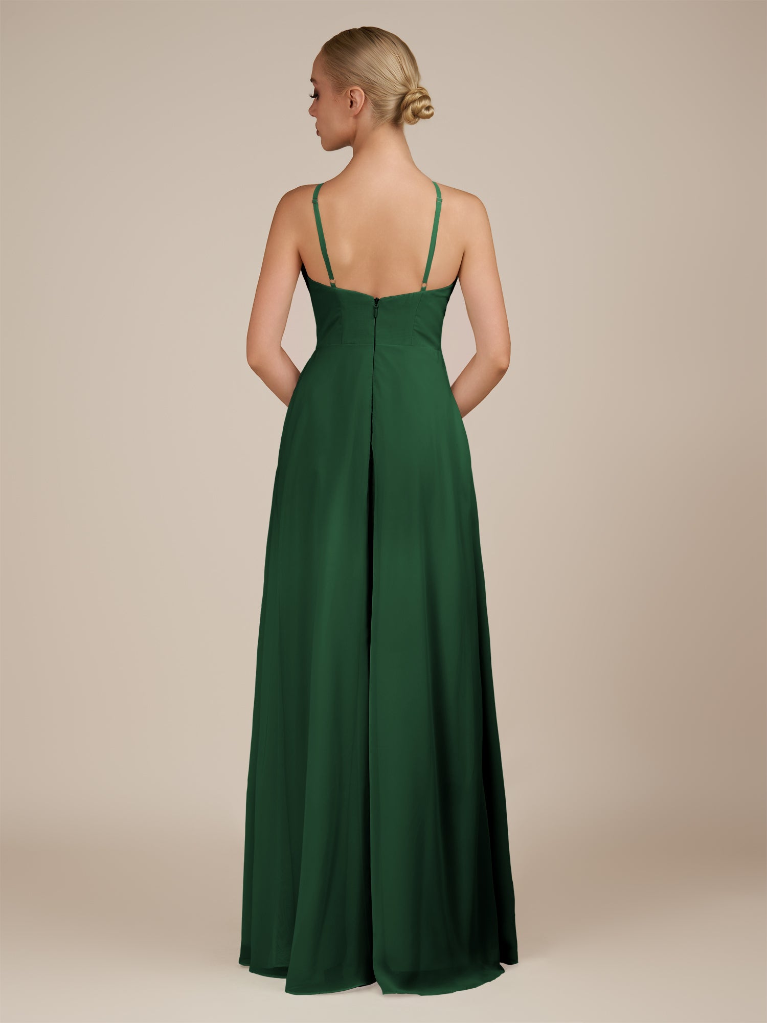 KissDress-Ione Dark Green A Line Chiffon Halter Neck Long Bridesmaid Dress with Slit