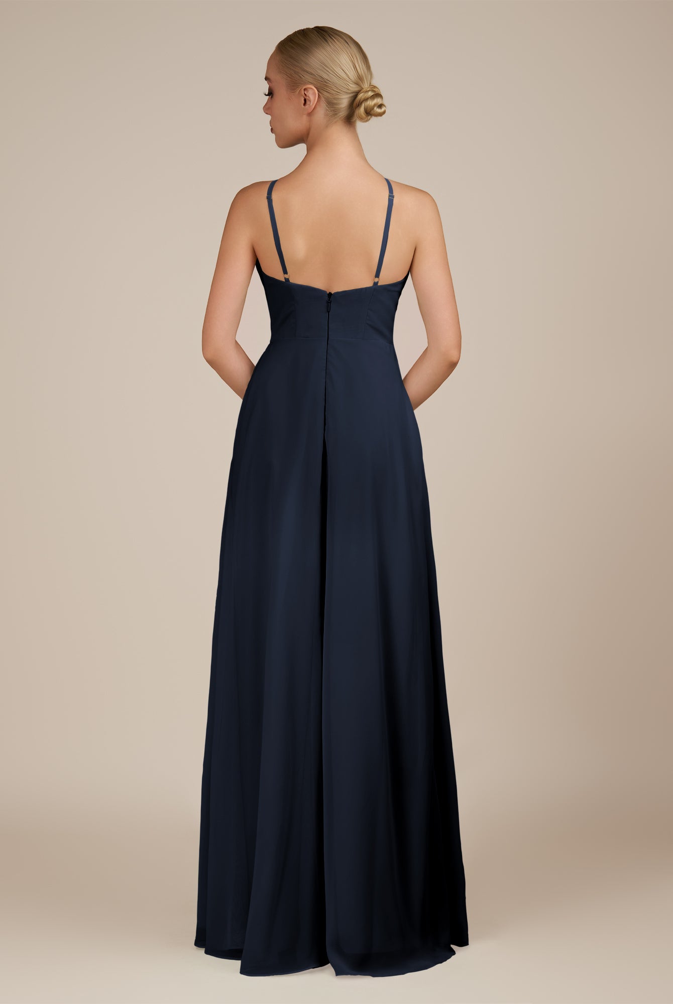 KissDress-Ione Dark Navy A Line Chiffon Halter Neck Long Bridesmaid Dress with Slit