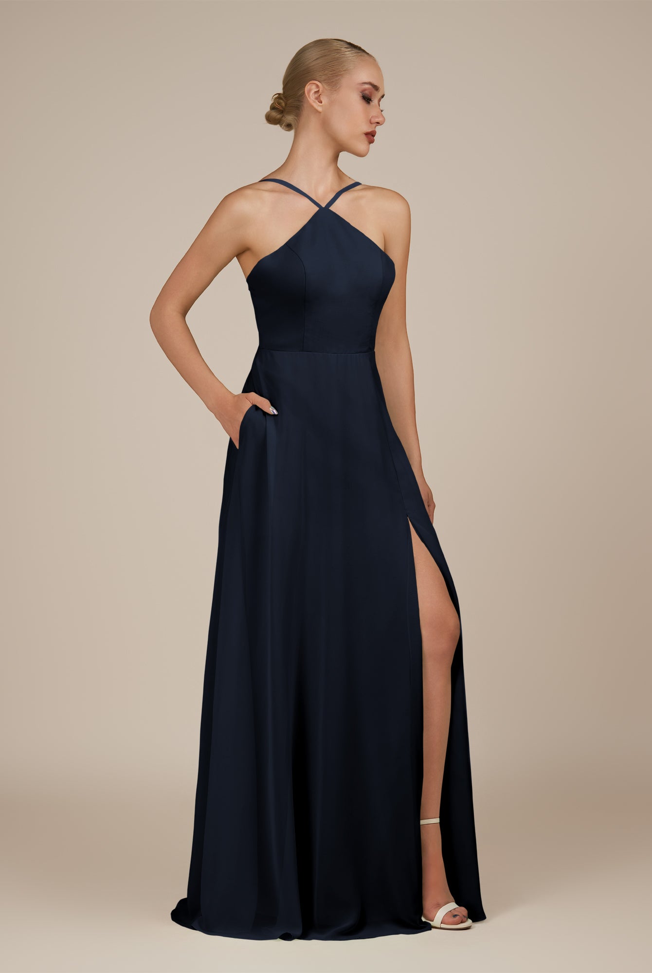 KissDress-Ione Dark Navy A Line Chiffon Halter Neck Long Bridesmaid Dress with Slit