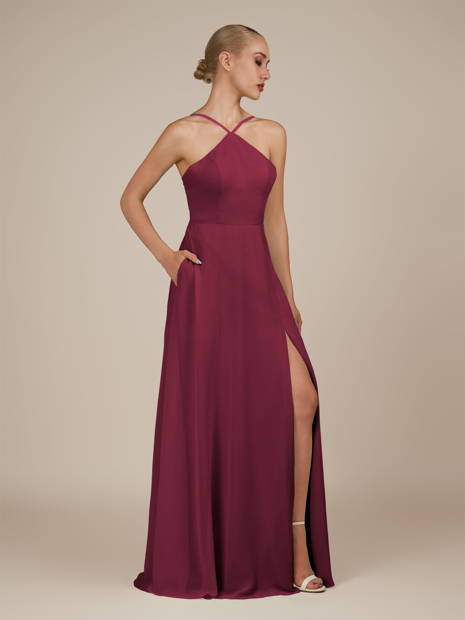 KissDress-Ione Desert Rose A Line Chiffon Halter Neck Long Bridesmaid Dress with Slit
