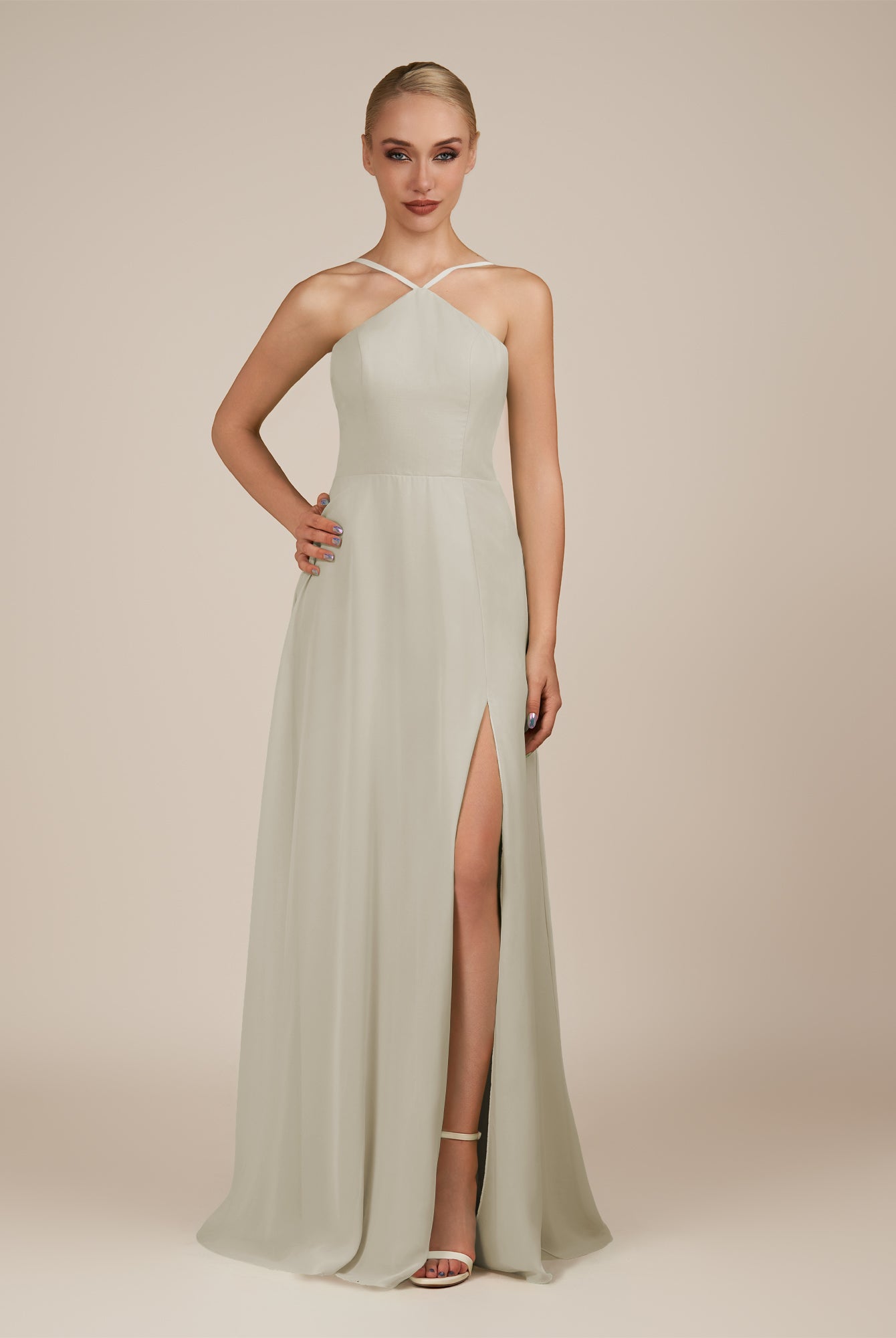 KissDress-Ione Dove Gray A Line Chiffon Halter Neck Long Bridesmaid Dress with Slit