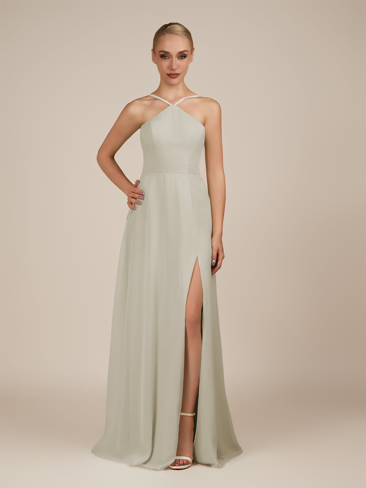 KissDress-Ione Dove Gray A Line Chiffon Halter Neck Long Bridesmaid Dress with Slit