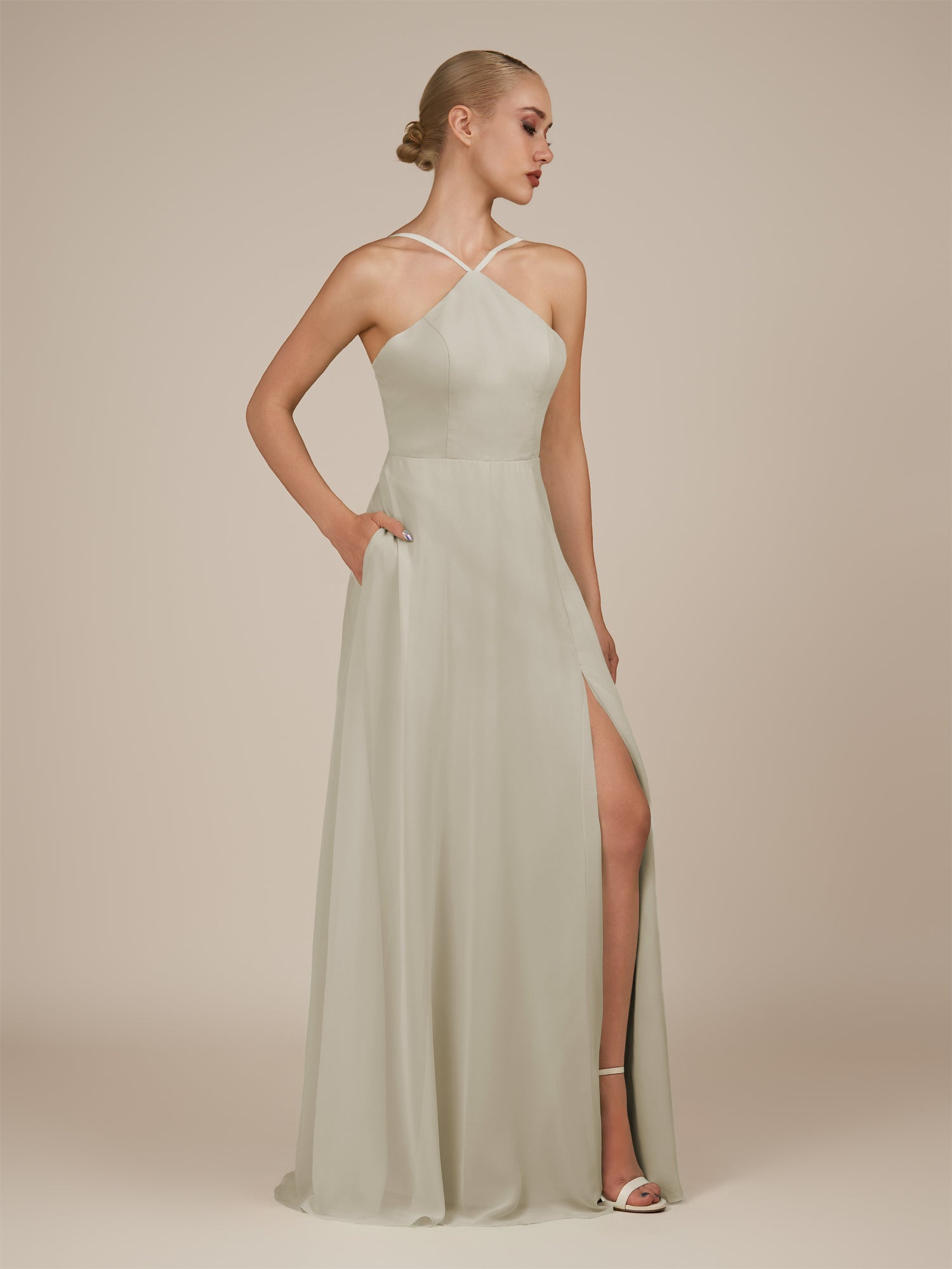 KissDress-Ione Dove Gray A Line Chiffon Halter Neck Long Bridesmaid Dress with Slit